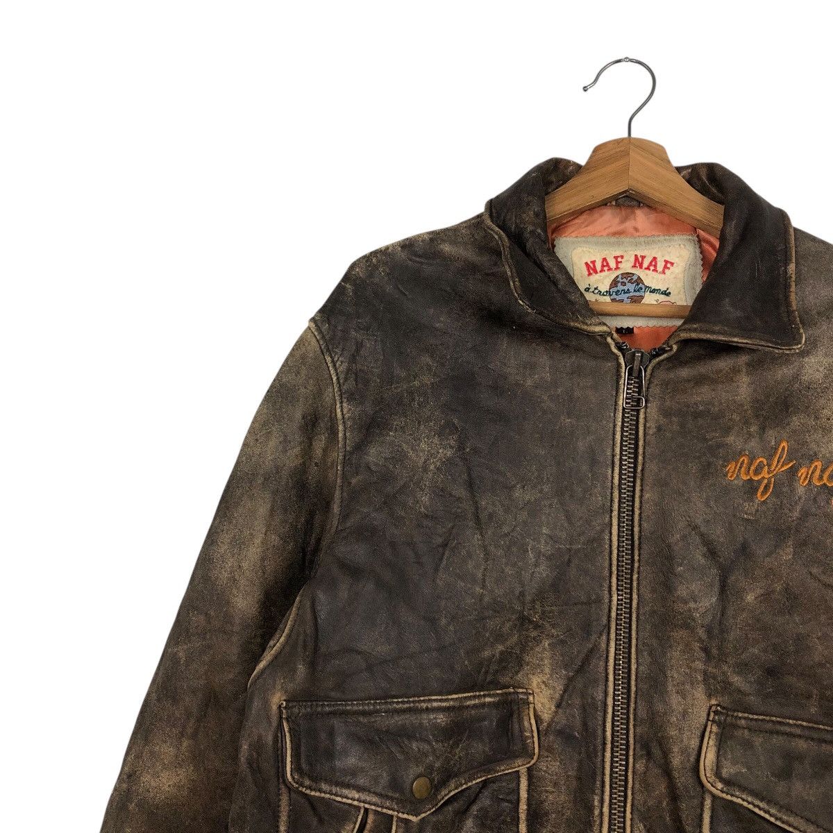 Japanese Brand 📌Vintage Flight Jumper Leather Jacket Naf Naf Big Logo Size US L / EU 52-54 / 3 - 9 Thumbnail