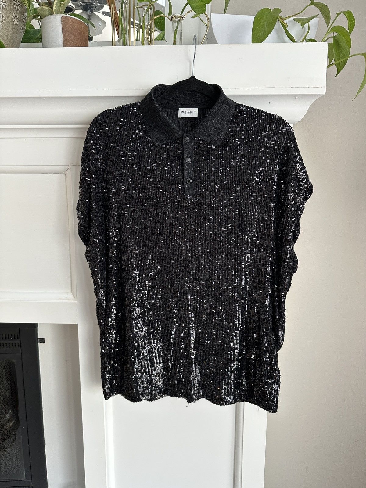 【SAINT LAURENT】 Silver Sequin Boxy Polo Saint Laurent Silver Sequin Boxy Polo Saint Laurent