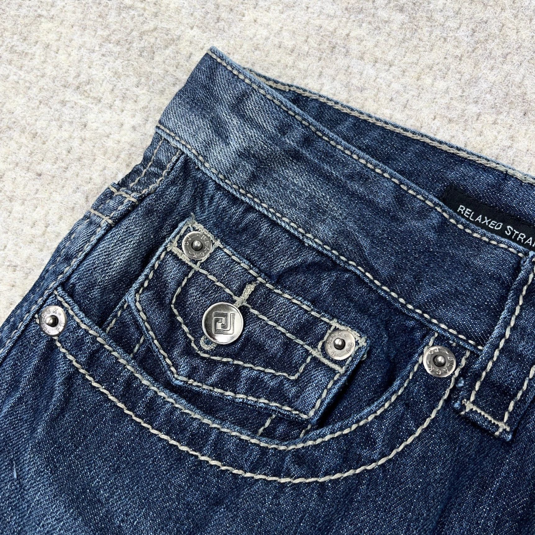 Vintage Black Jeans Men 38x32 Relaxed Straight 5-Pocket Embroidered Blue Denim Cotton Polyester Spandex Mid Rise Casual All Seasons Mens Jeans Size US 38 / EU 54 - 6 Thumbnail