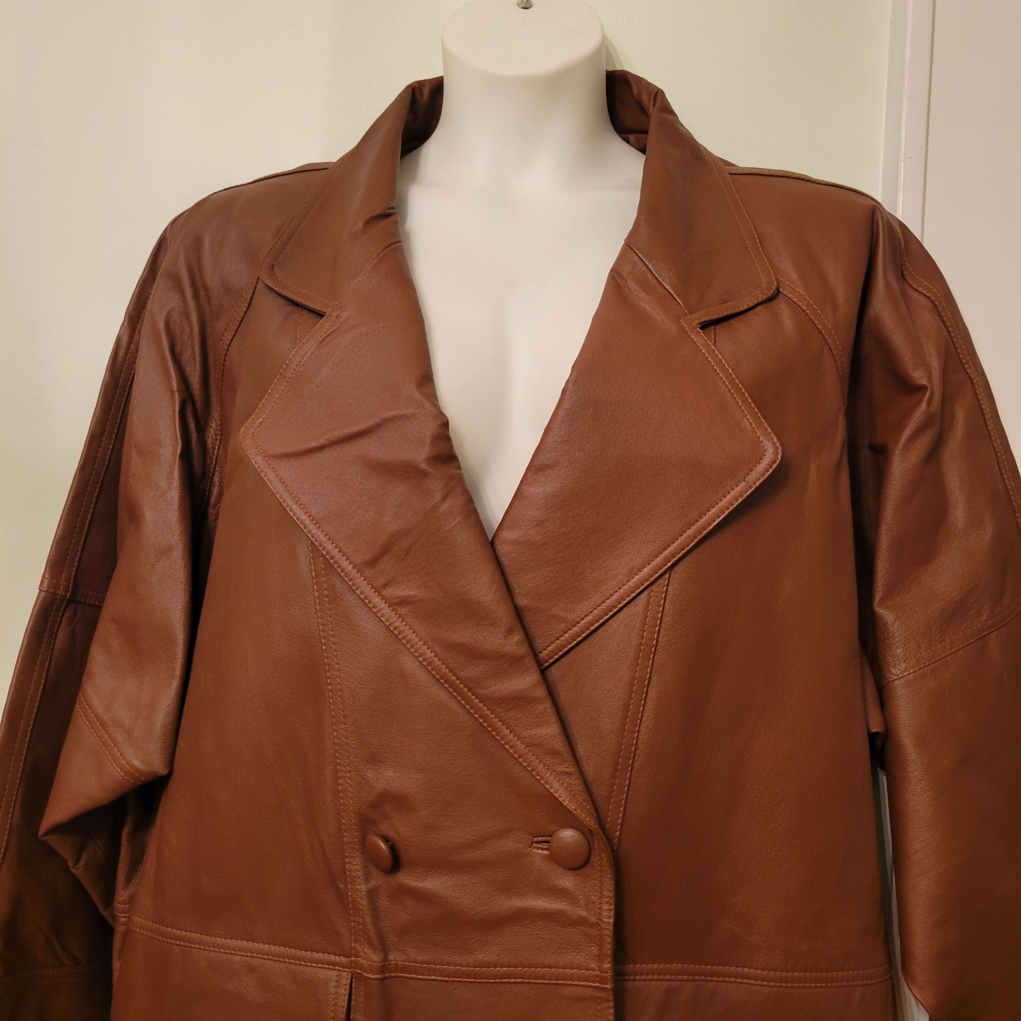 Vintage Venezia 1X Brown Leather Double Breasted Trench Coat Slouchy Size XXL / US 16-18 / IT 52-54 - 6 Thumbnail