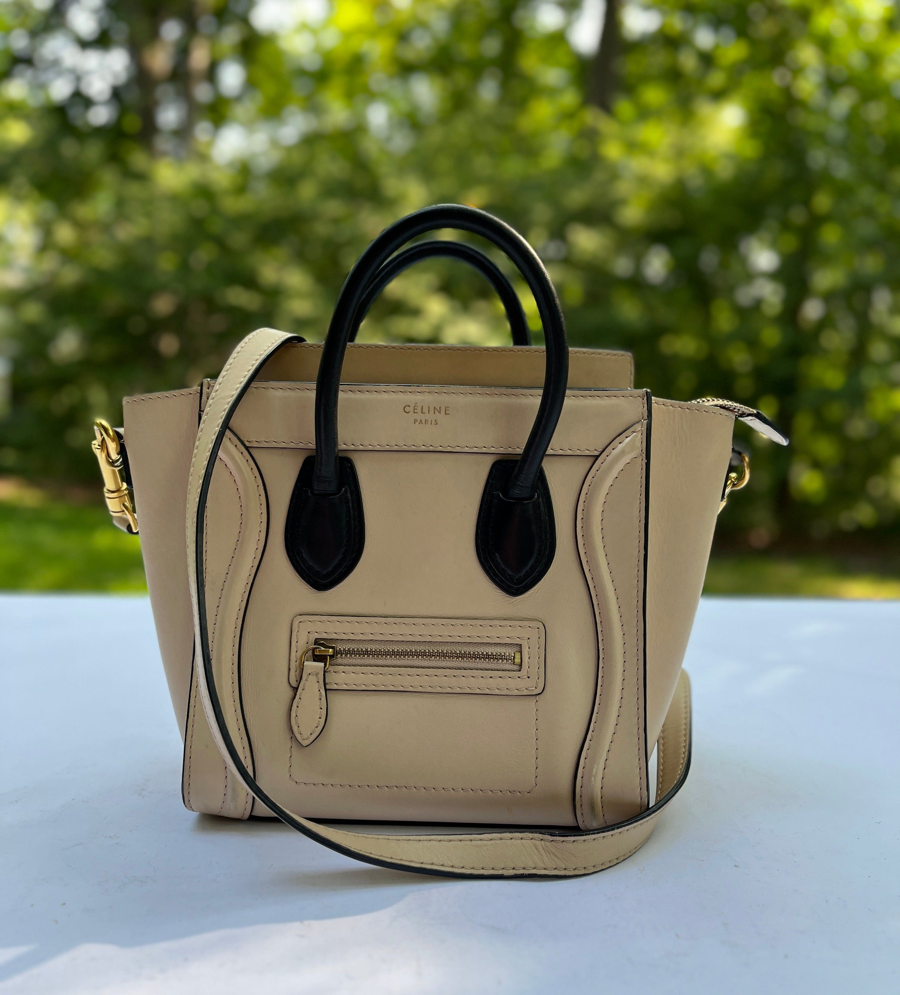 Celine Calfskin Leather Nano Luggage Beige Crossbody Handbag