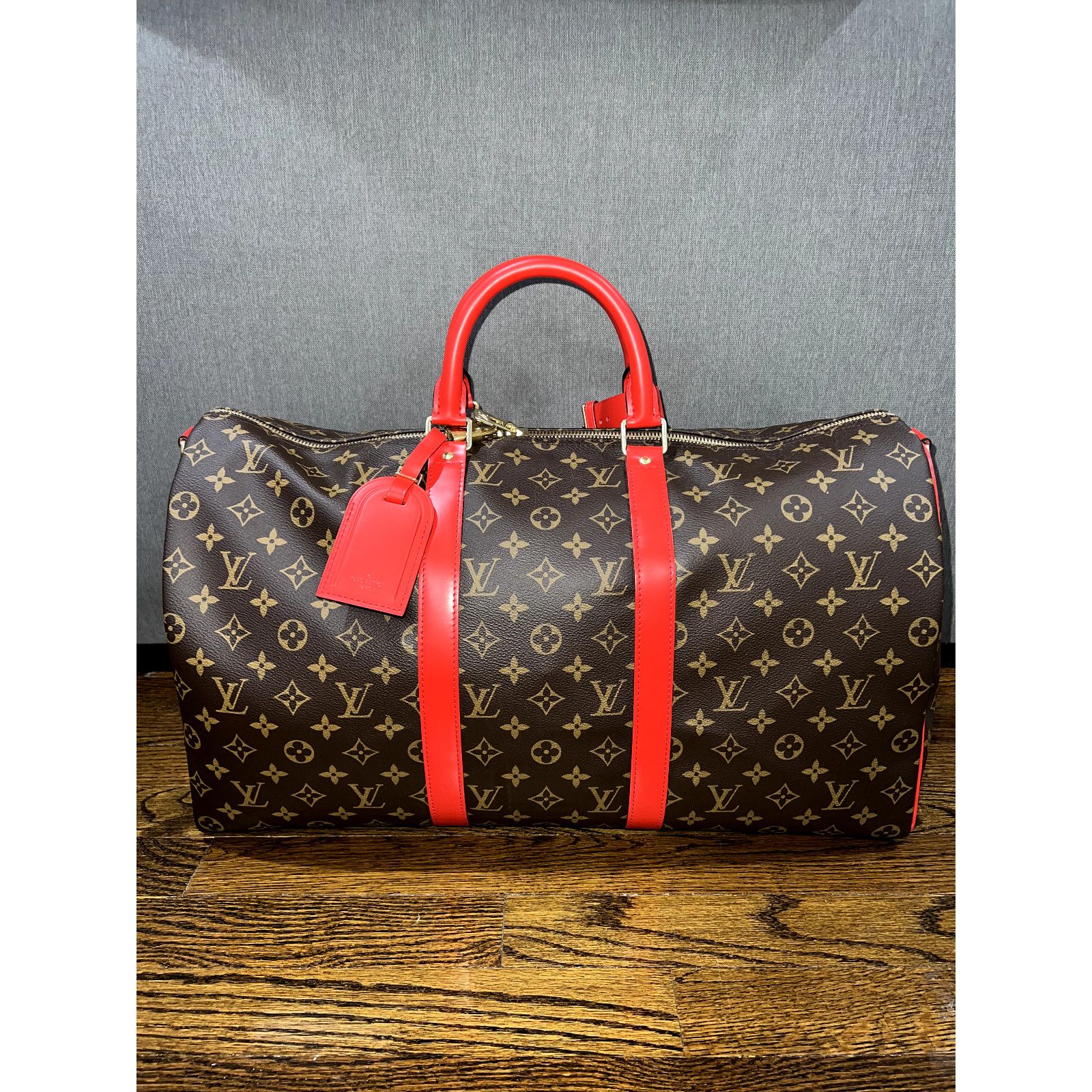Louis Vuitton Monogram Brown Red Logo Weekend Travel Bag