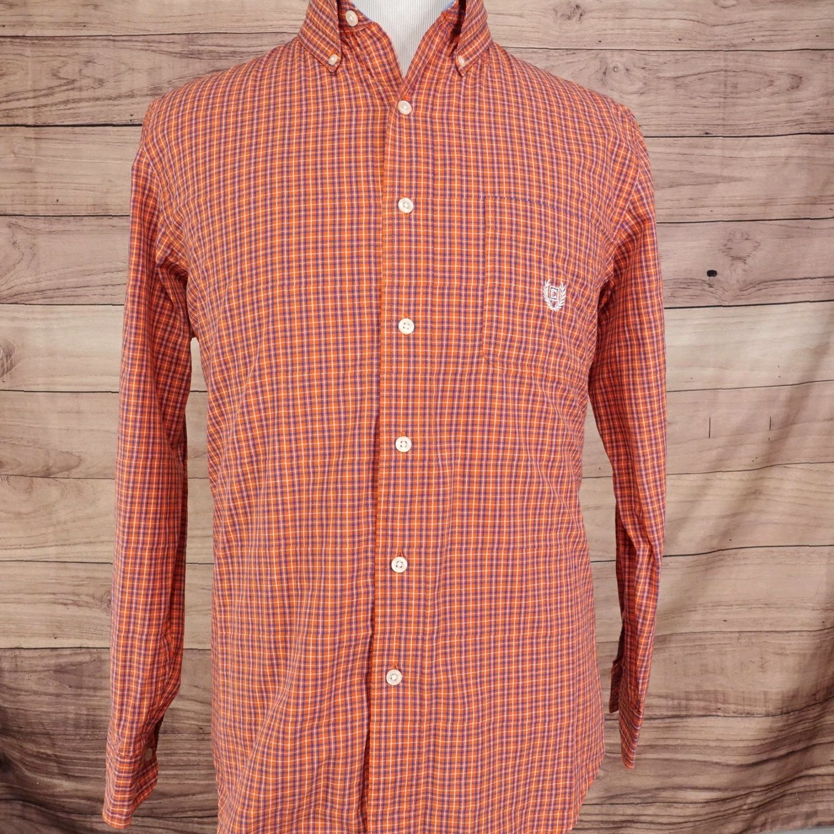 Chaps Chaps Shirt Mens M Orange Blue Plaid Button-Down Long Sleeve Easy Care Size US M / EU 48-50 / 2 - 3 Thumbnail