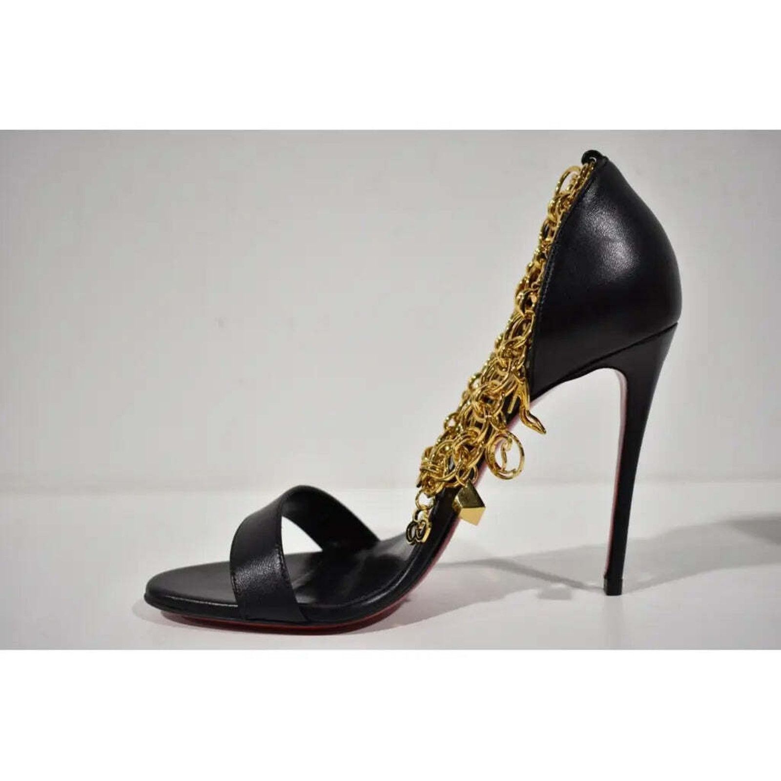 Christian Louboutin Gourmi Sandal 100 Black Gold Charm Ankle Strap Heel Pump 39 Size US 9 / IT 39 - 8 Thumbnail