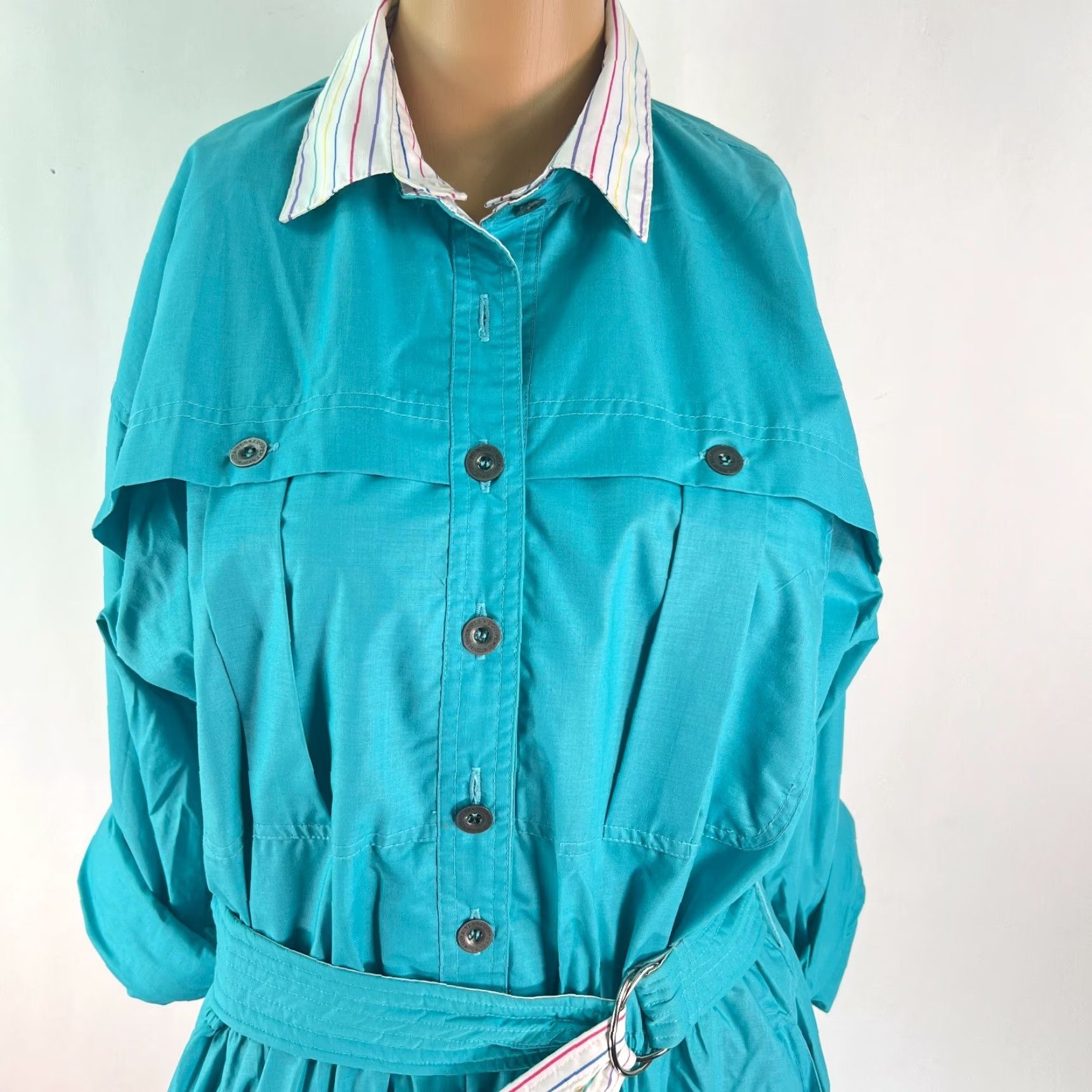 Altea VINTAGE E&M Womens Shirt Dress Teal Collared Belted Roll Tab Sleeves 3/4 Sleeve Size 11 Blue Size L / US 10 / IT 46 - 3 Thumbnail