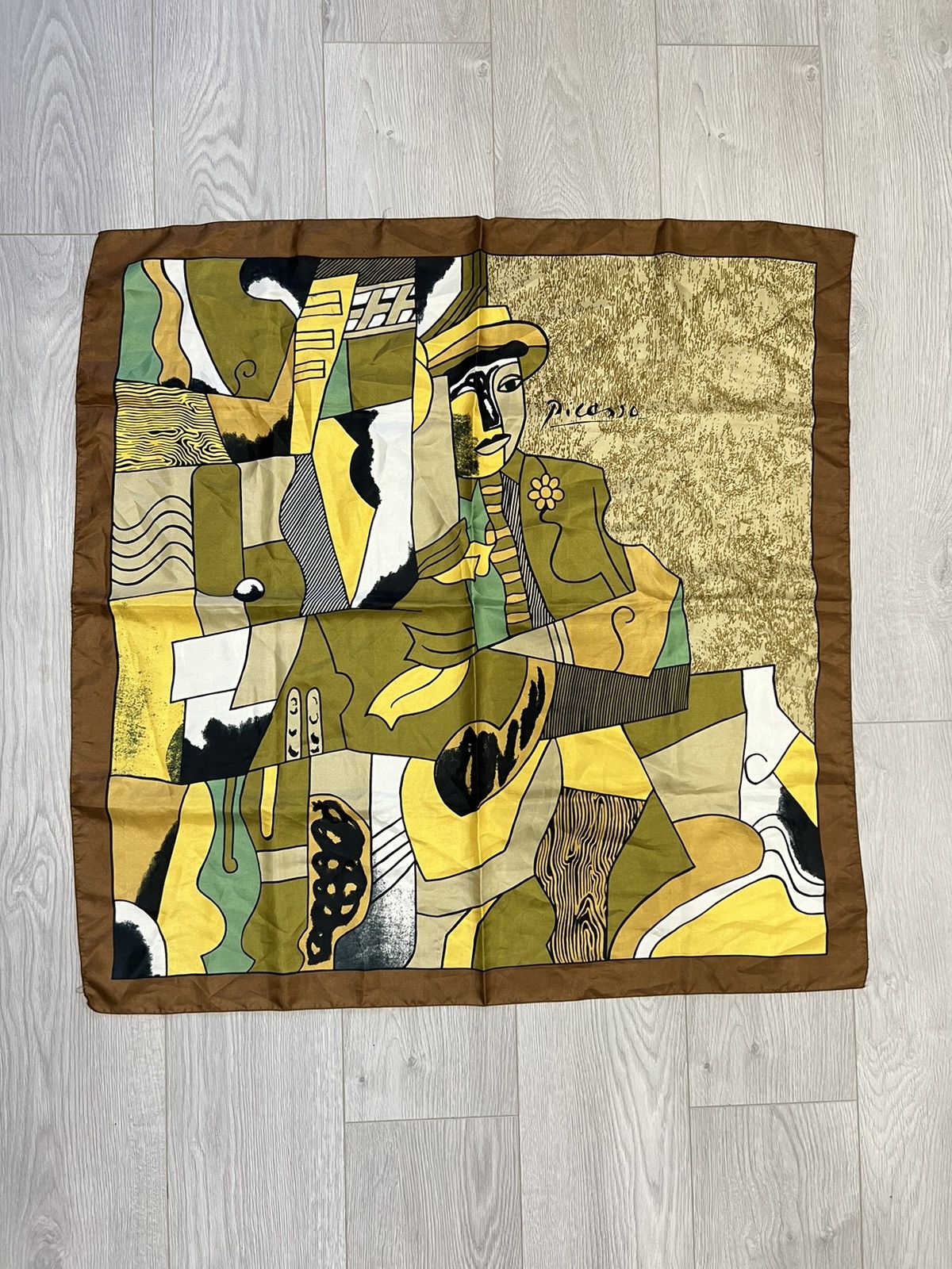 Vintage 90s Picasso Silk Scarf Art museum brown