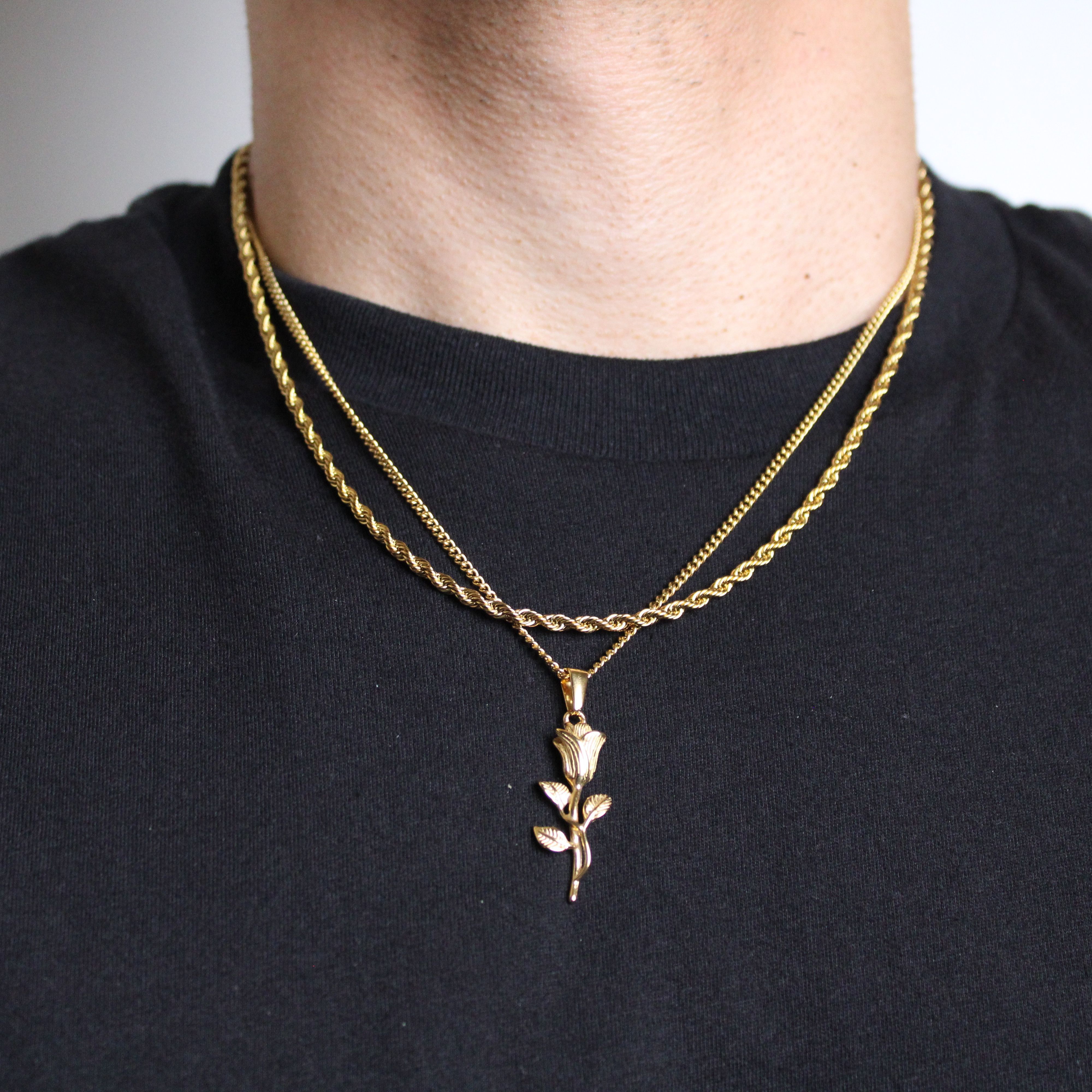 Jewelry Gold Rose Pendant Necklace + 3mm Rope Chain Set Size ONE SIZE - 2 Thumbnail