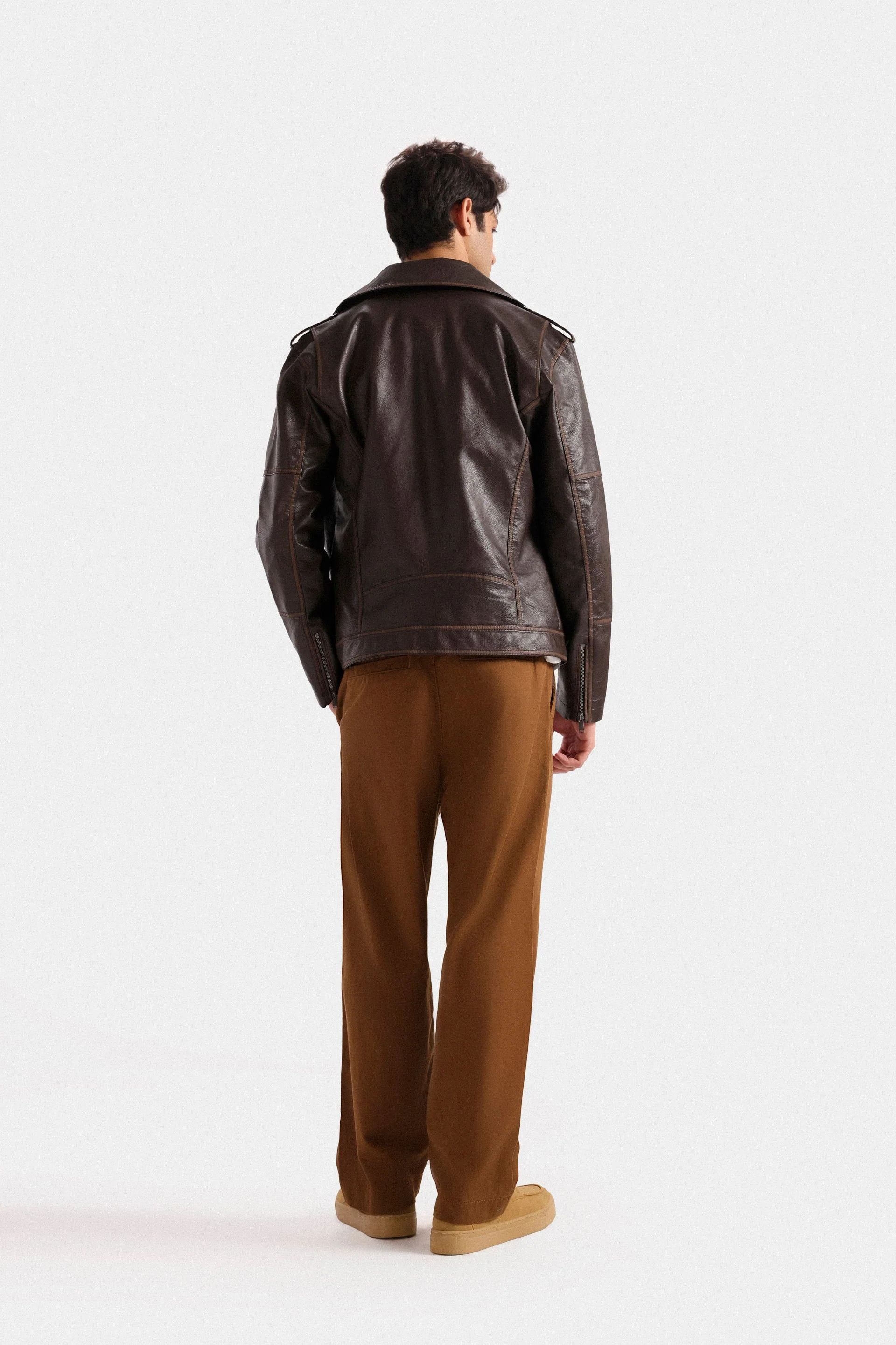 Other Men’s Brown Faux Leather Biker Jacket Zip Up Size US XL / EU 56 / 4 - 3 Thumbnail