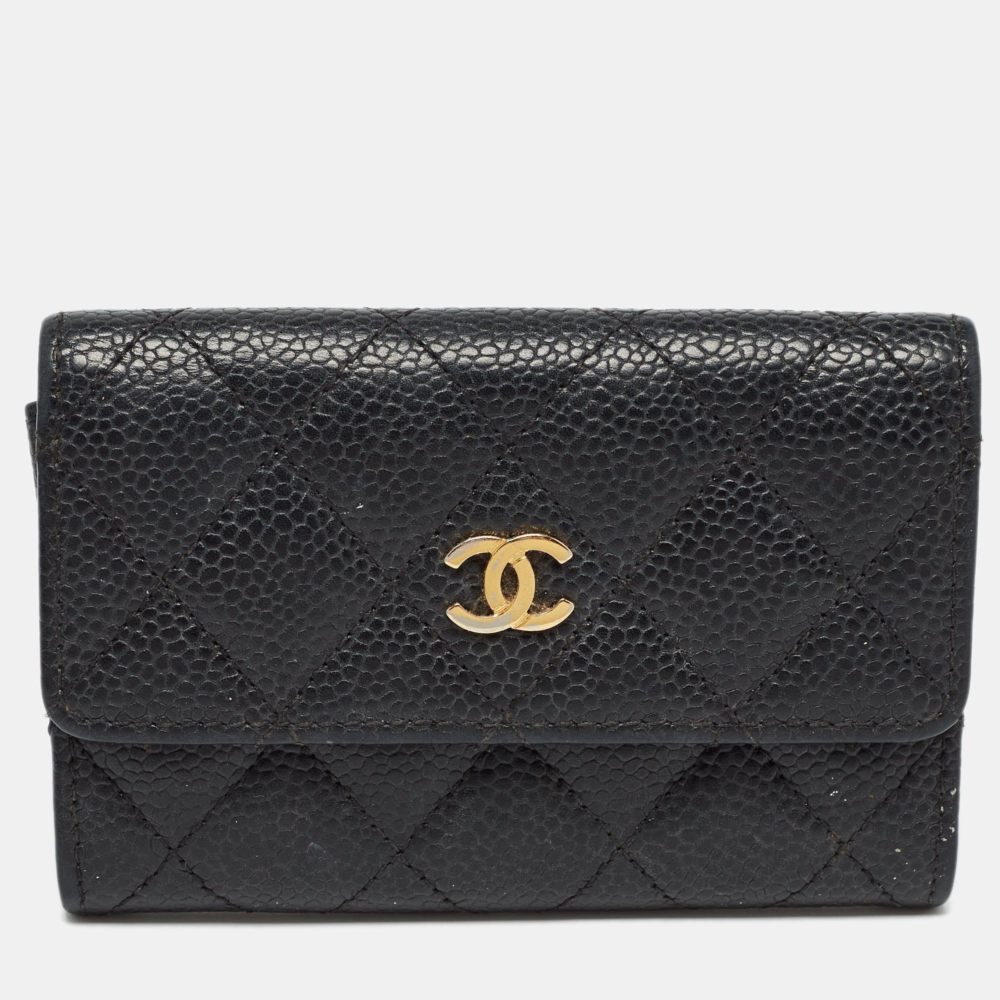 image of Chanel Black Caviar Quilted Leather Cc Flap Card Case, Women's