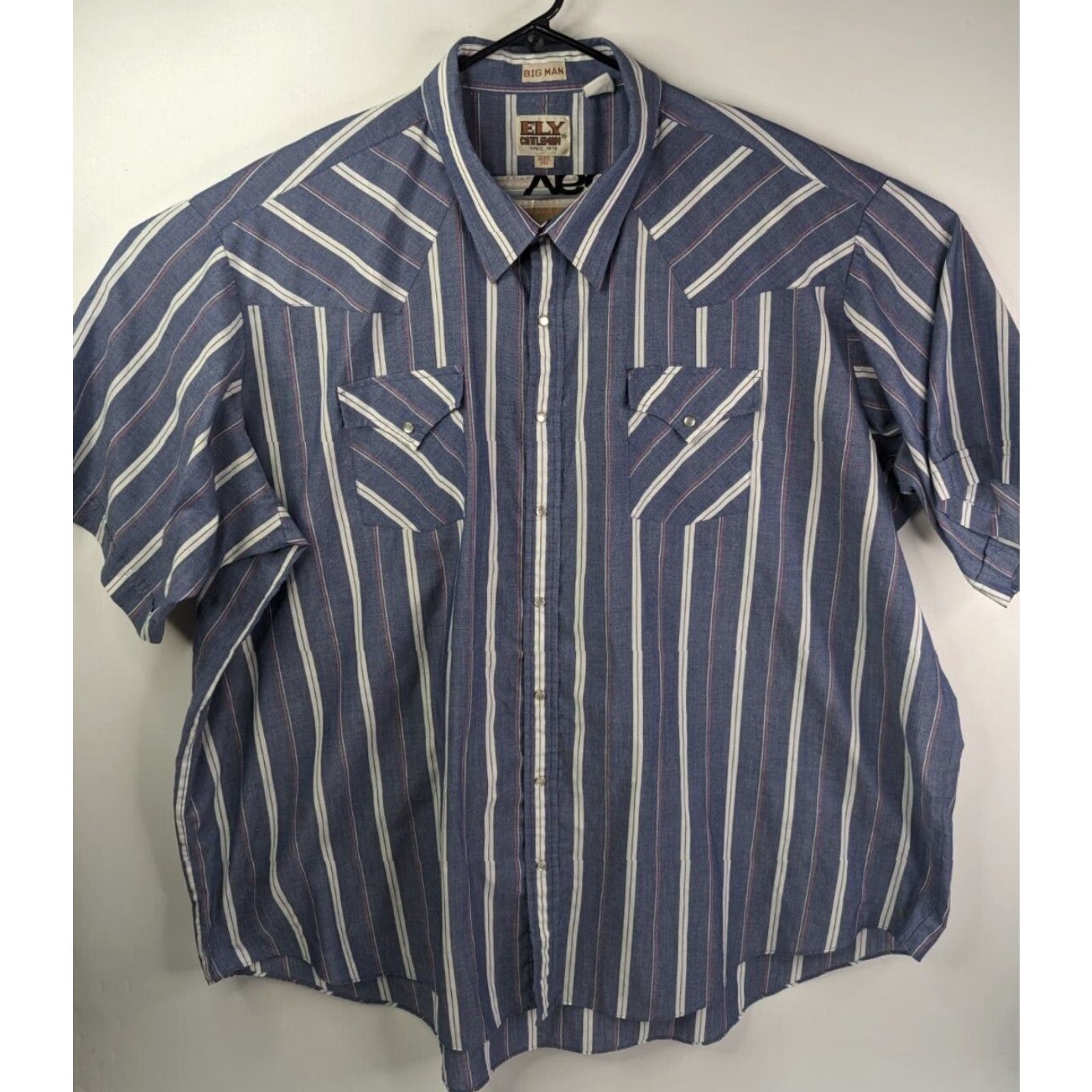 Vintage VINTAGE Ely Cattleman Pearl Snap Shirt Mens 4X Big Blue White Striped Short Sleeve Snap Button-Up Western Theme Mens Big & Tall Size US XXL / EU 58 / 5 - 2 Thumbnail