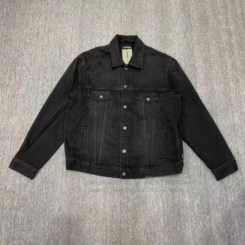 Balenciaga Black Denim Jacket Red Logo.
