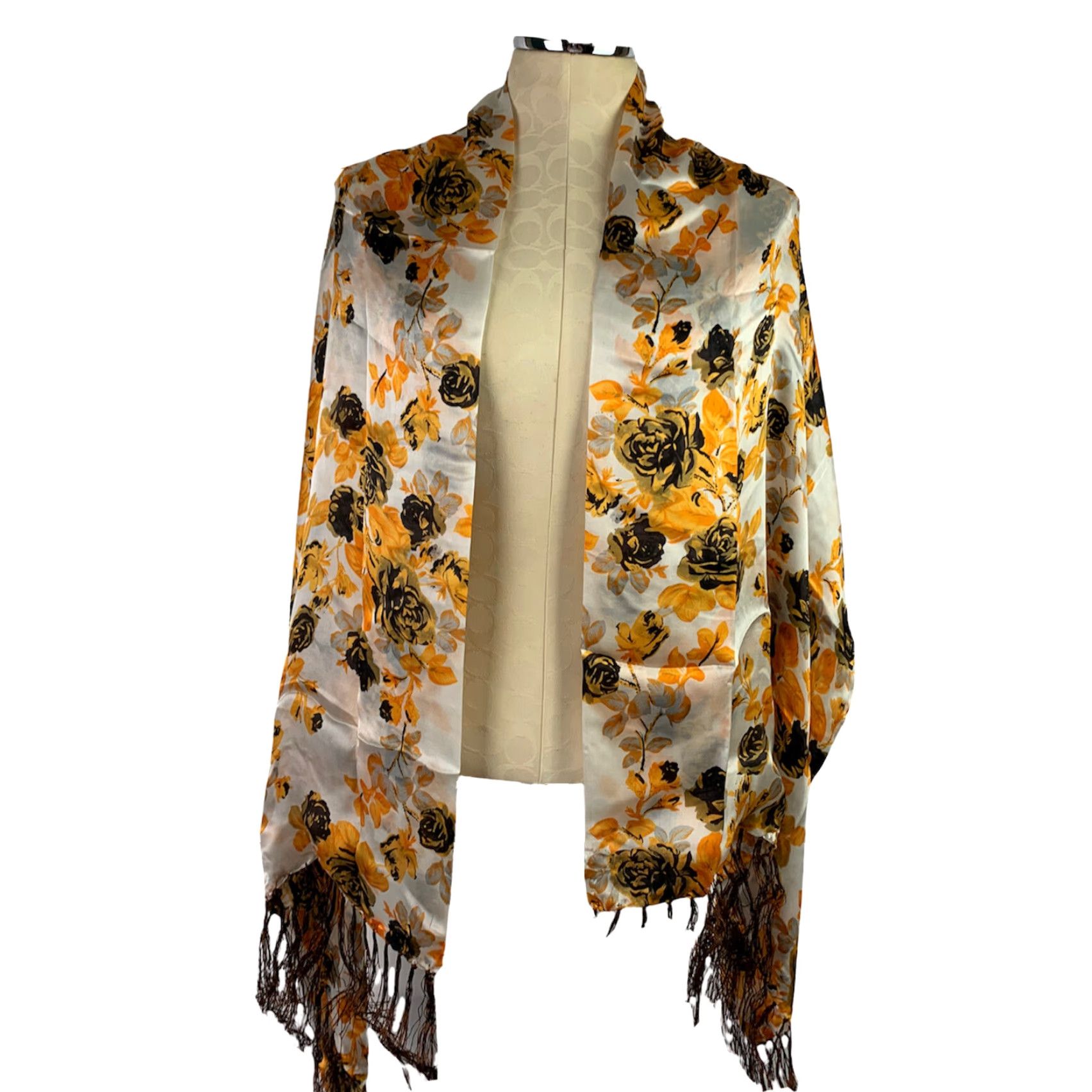 Vintage VINTAGE New Silk Scarf Orange Rose Floral Scarf Brown Fringe 21 x 62" Silk Floral Roses Orange Womens Scarf Size ONE SIZE - 2 Thumbnail