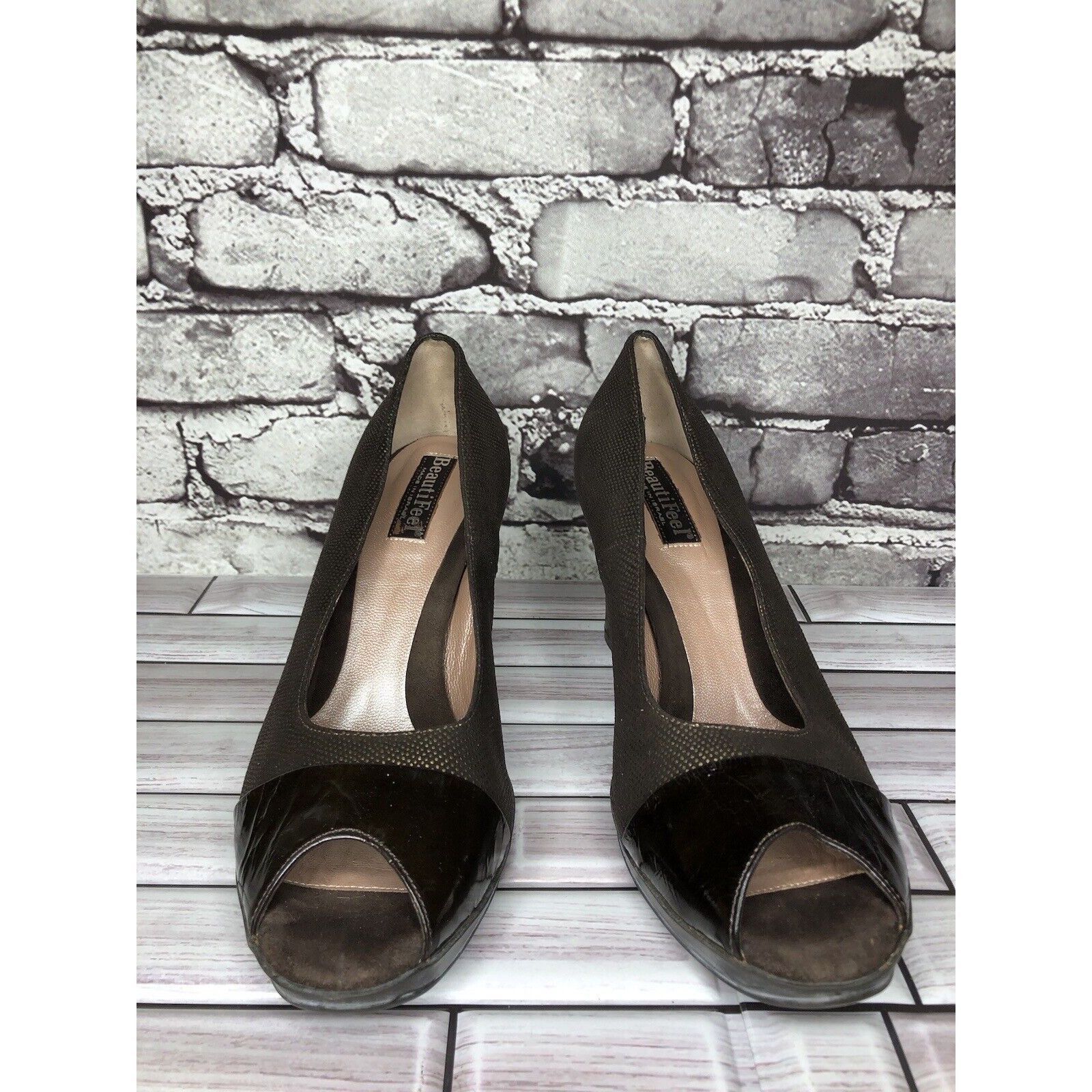 Beautiful Ful Beautifeel Brown Synthetic Leather Peep Toe Dress Heels Wome Size US 7.5 / IT 37.5 - 21 Thumbnail