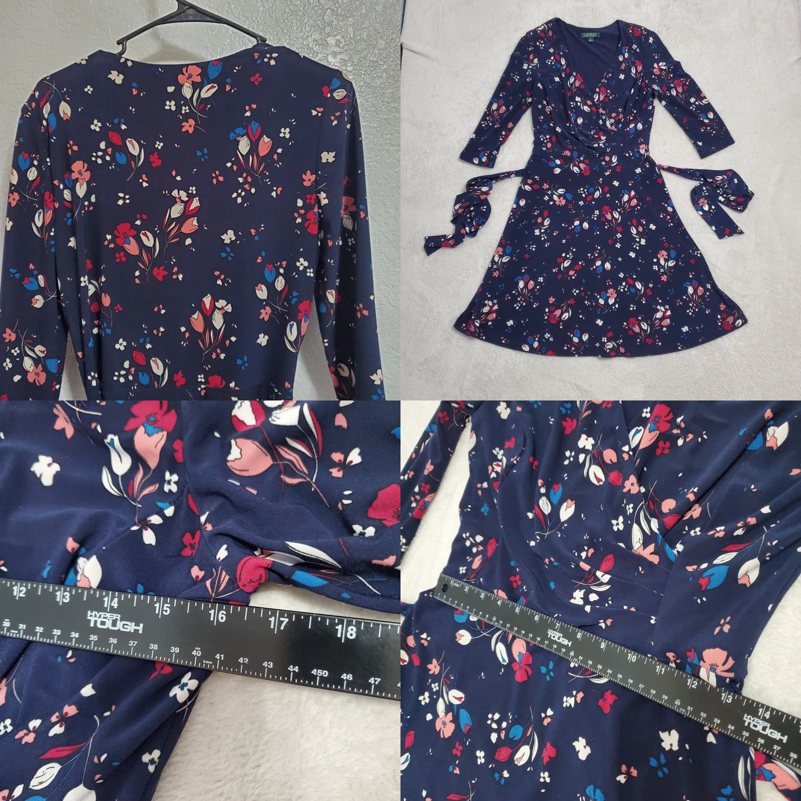 Ralph Lauren Lauren Ralph Lauren Dress Women 8 Navy Blue Floral Midi Faux Wrap 3/4 Sleeve Tie Size M / US 6-8 / IT 42-44 - 8 Thumbnail