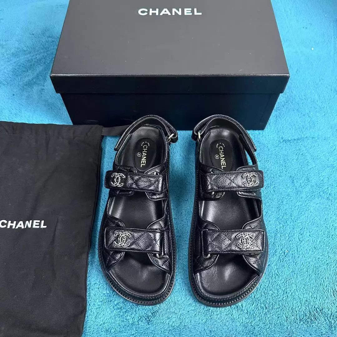 Chanel Chanel Velcro Beach Sandals Black & Gold Size US 7.5 / IT 37.5 - 1 Thumbnail