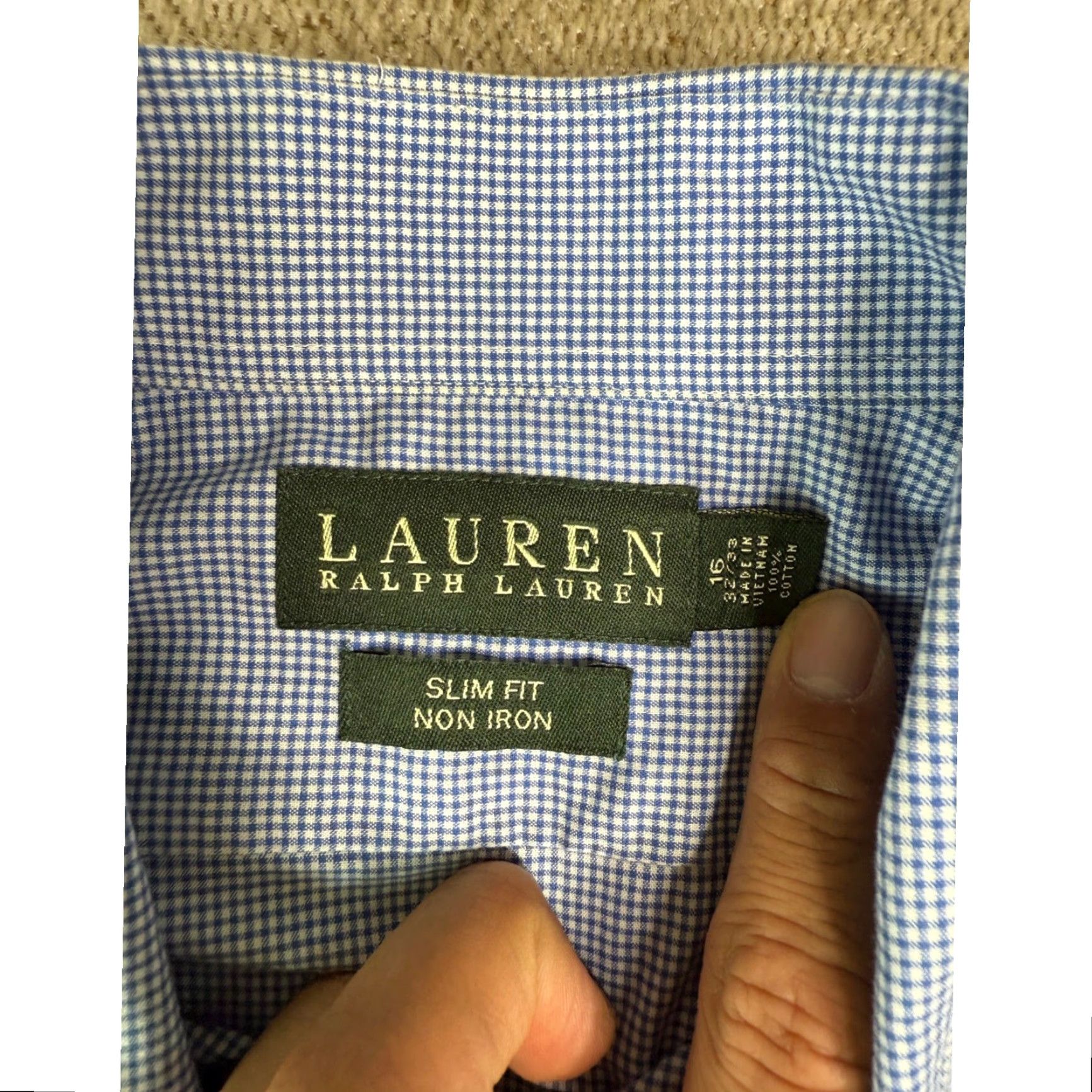 Ralph Lauren VINTAGE? No. (Skip) -> Lauren Ralph Lauren Mens Slim Fit Blue Gingham Check Dress Shirt 16 Size 42R - 2 Thumbnail