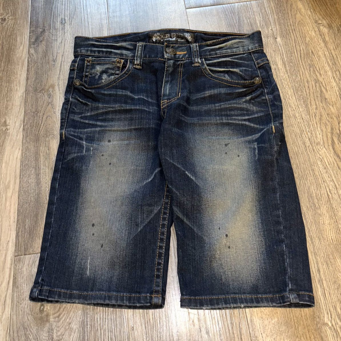 Japanese Brand VTG Rare Red Pepper Japanese Denim Embroidered Skull Jorts Size US 32 / EU 48 - 5 Thumbnail