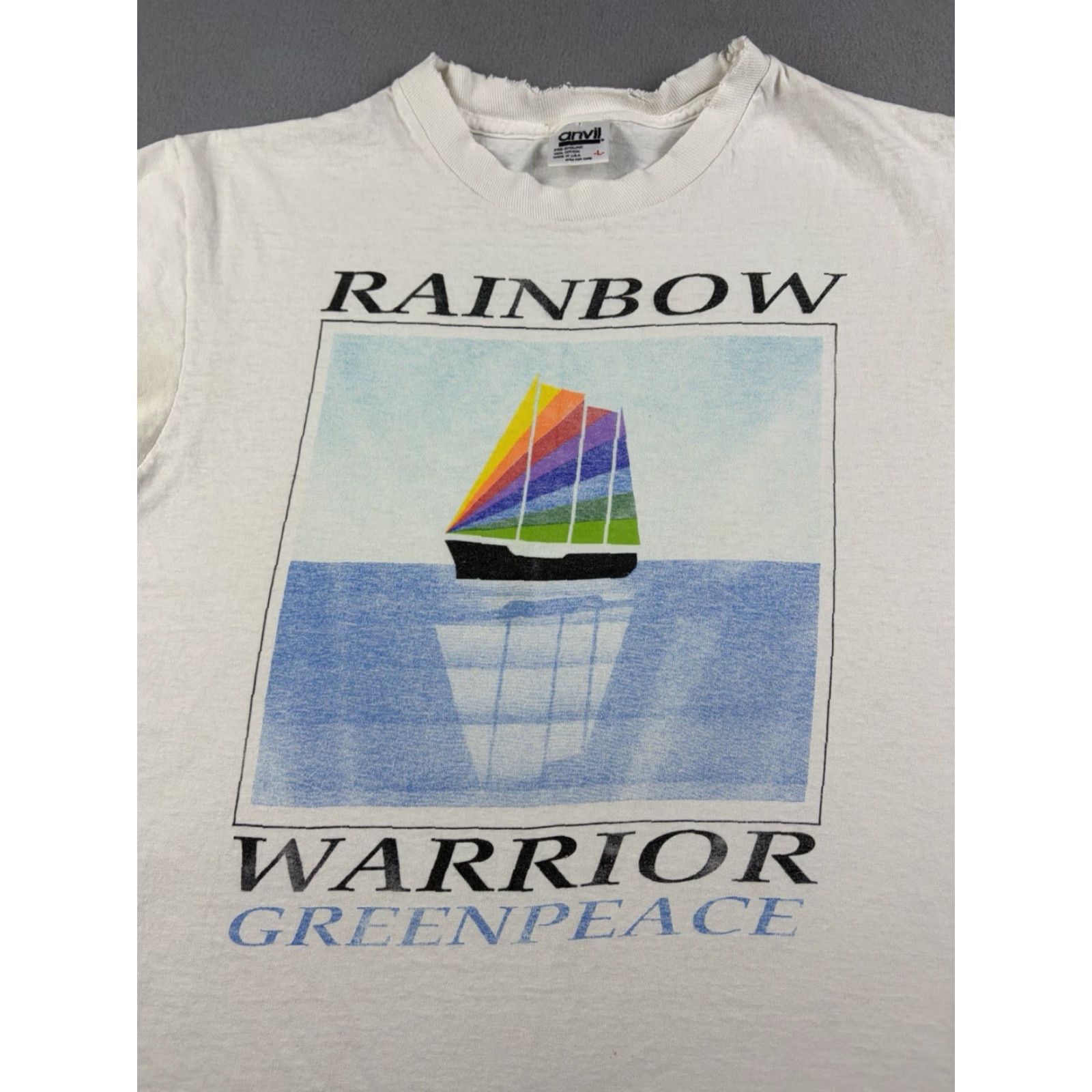 Anvil VINTAGE Greenpeace Rainbow Warrior Shirt Men’s Large White USA Made 80s Mens Size US L / EU 52-54 / 3 - 2 Thumbnail