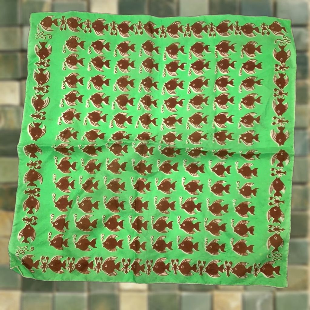Vintage VINTAGE Fish Bubbles Green Brown Hand Rolled Square Scarf 16.5" x 16.5" - Women Scarf Square Green Fish Bubbles 60s Vintage Weathered Edges Size ONE SIZE - 1 Thumbnail