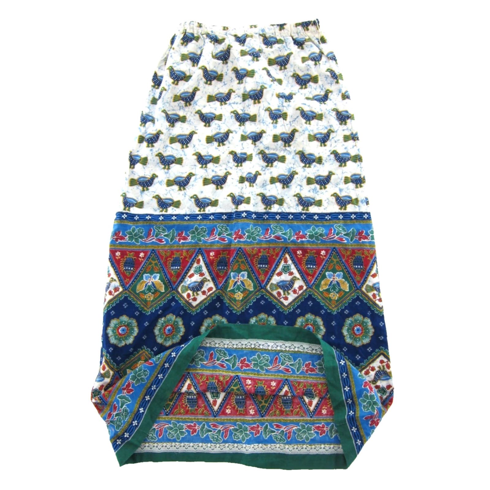 Vintage VINTAGE Point Of View Skirt Maxi Floral Bohemian 90s Blue White Green Red Bird Cotton Elastic Waist XS Womens Size 26" / US 2 / IT 38 - 4 Thumbnail