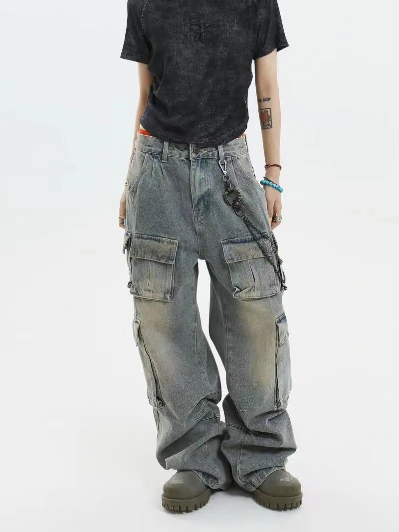 image of Y2K Vintage Wasteland Style Washed Loose Jeans in Bleu, Men's (Size 32)