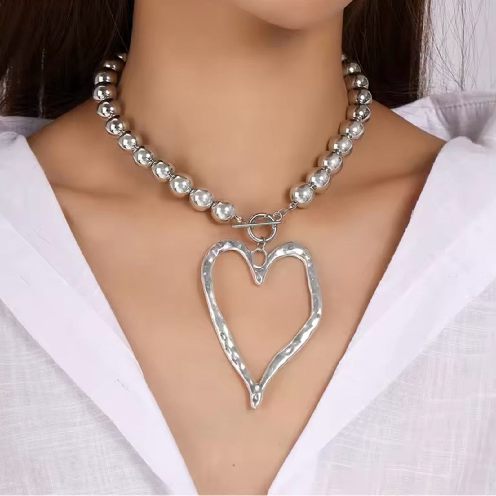 Other Ball Beads Necklace for Women Hollow Big Love Heart Pendant Size ONE SIZE - 1 Thumbnail