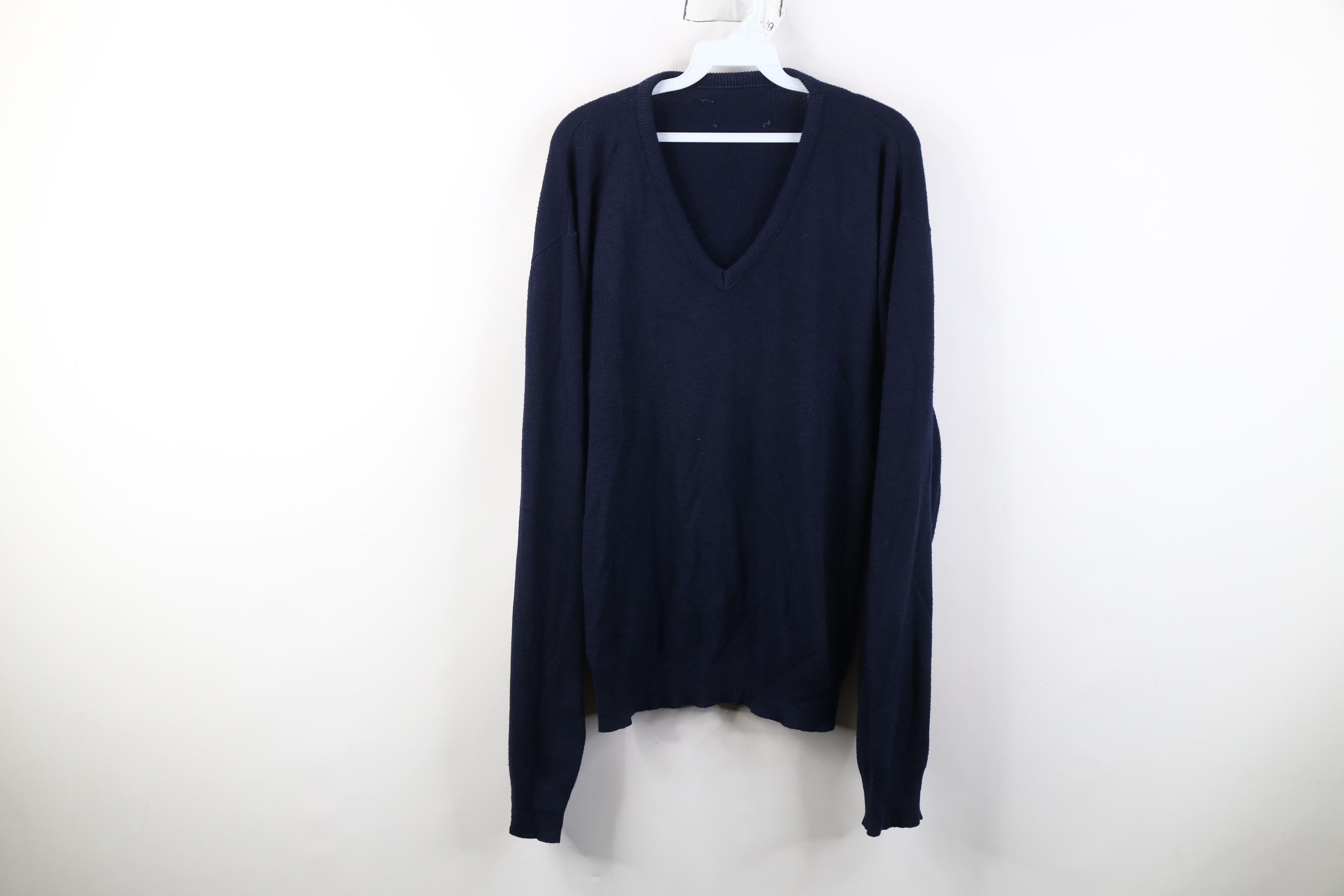 Vintage Vintage 70s Streetwear Blank Knit V-Neck Sweater Navy Blue Size US XL / EU 56 / 4 - 1 Thumbnail