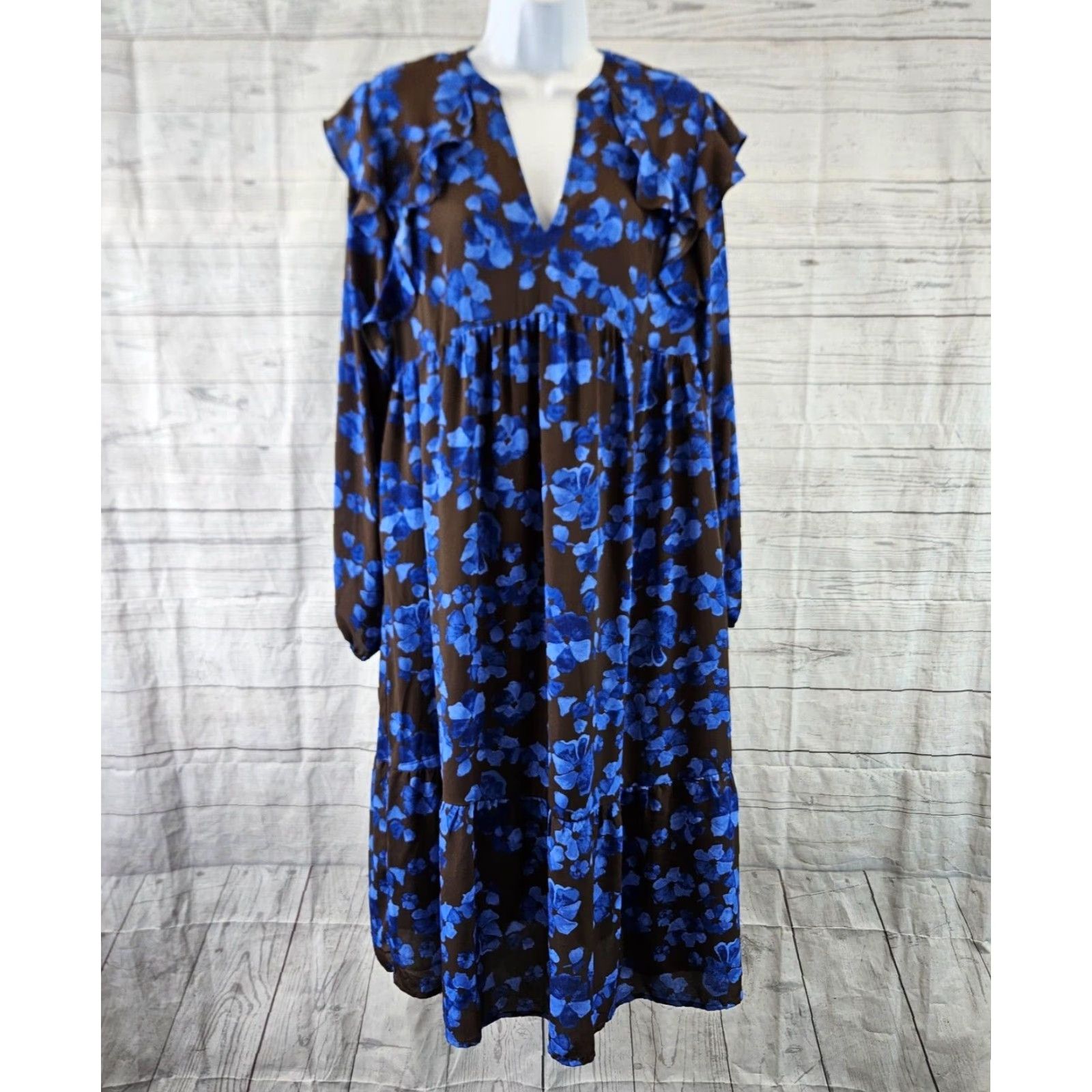 Vintage A New Day Womens Midi Dress Sz Medium Blue Brown Floral Long Sleeve Ruffle Size M / US 6-8 / IT 42-44 - 2 Thumbnail