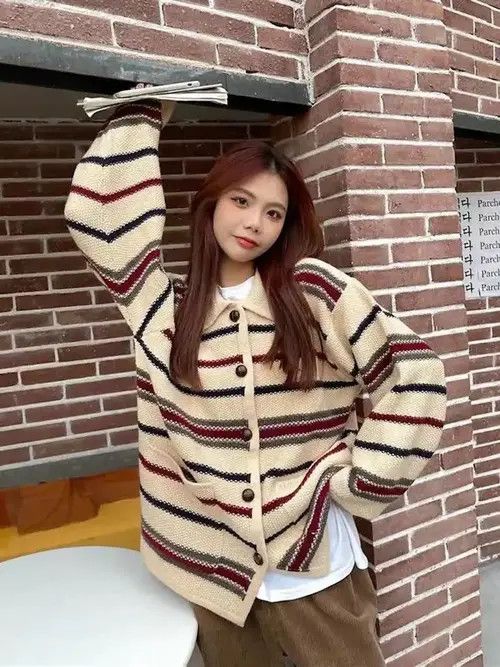 image of Vintage Zoki Women Design Striped Cardigan Coat High in Beige