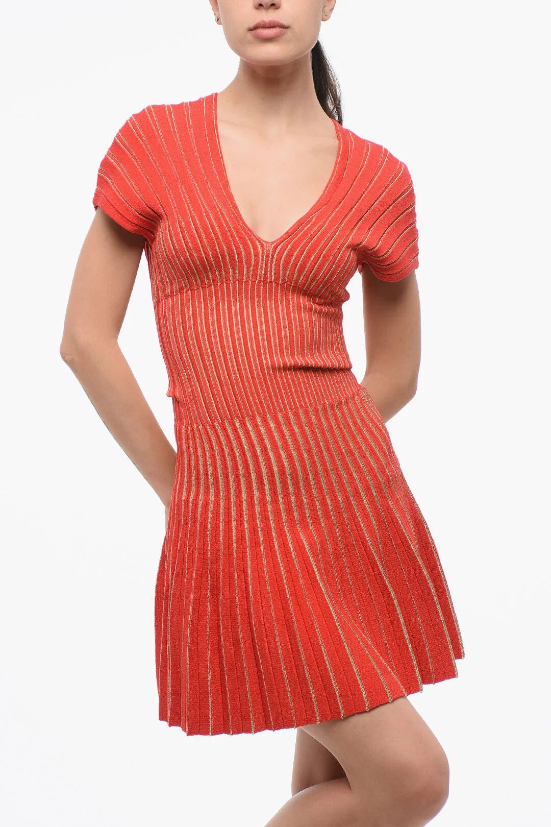 Balmain og1mm0326 V-Neck Pleated Mini Dress in Red Size S / US 4 / IT 40 - 4 Thumbnail