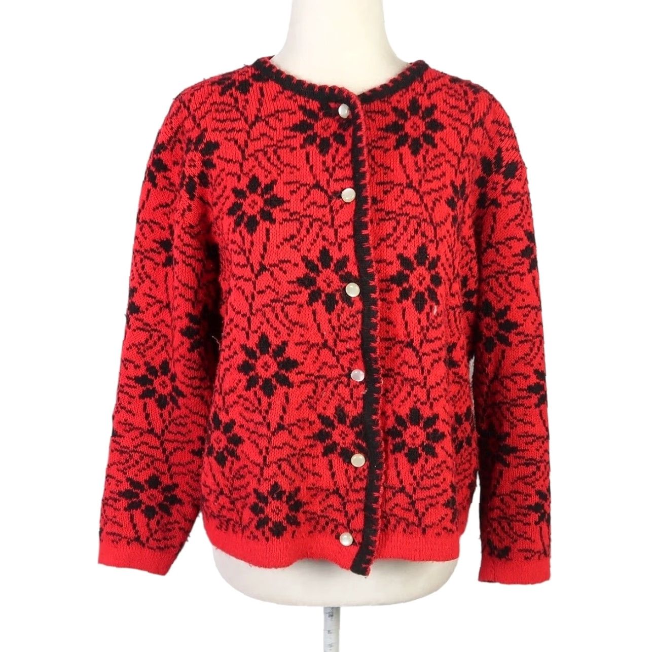 Brandblack VINTAGE 80s Bayer Red Black Floral Knit Cardigan Sweater L Women Long Sleeve Knit Acrylic Fall Winter Casual Size L / US 10 / IT 46 - 2 Thumbnail