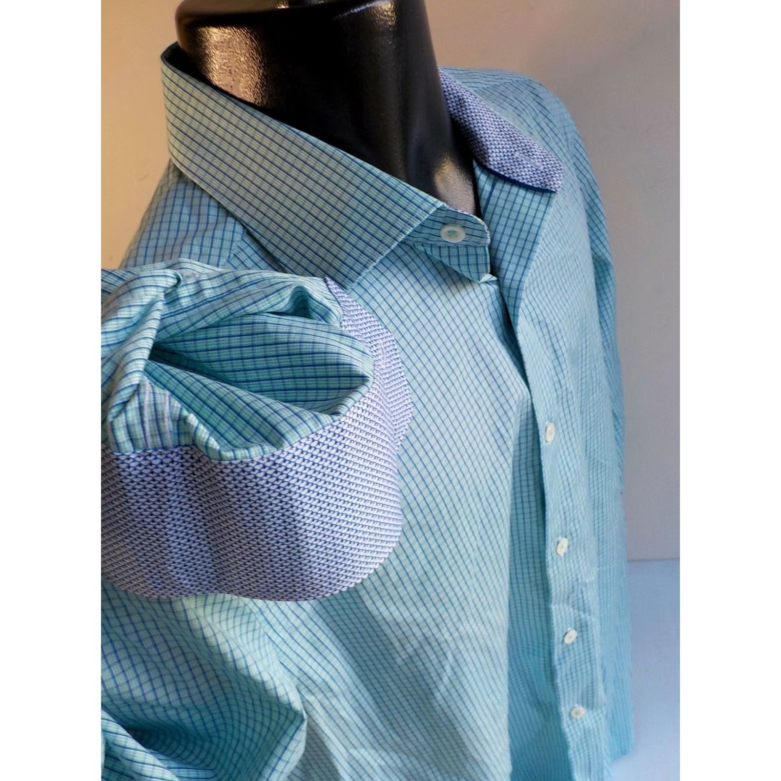 BUGATCHI BUGATCHI Uomo Check Flip Cuff Shirt SZ 16.5 Teal/Blue Dress Shirt 100% Cotton Long Sleeve Mens Regular Adult Size US XL / EU 56 / 4 - 4 Thumbnail
