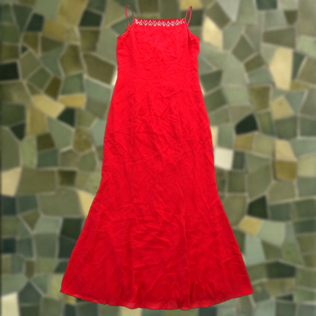 VINTAGE Jessica McClintock Gunne Sax Red Chiffon Beaded Long Gown Dress 9/10