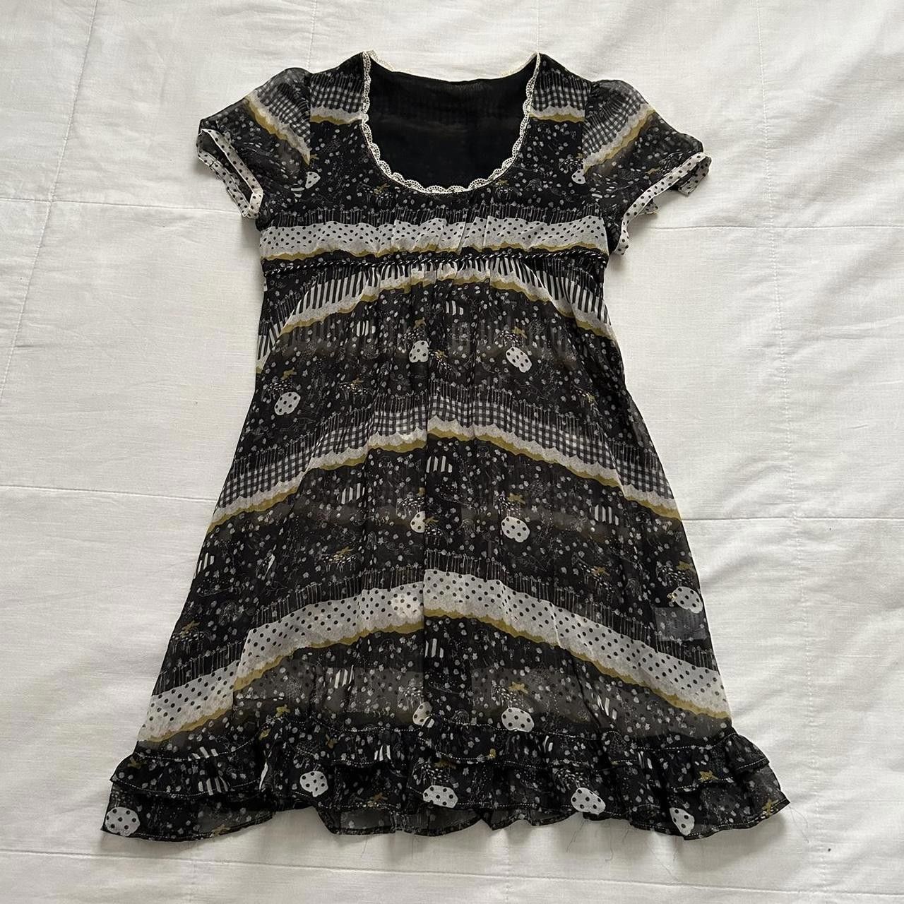Designer Franche Lippie Black White Dot Floral Sheer Babydoll Dress, Women's (Size Small)