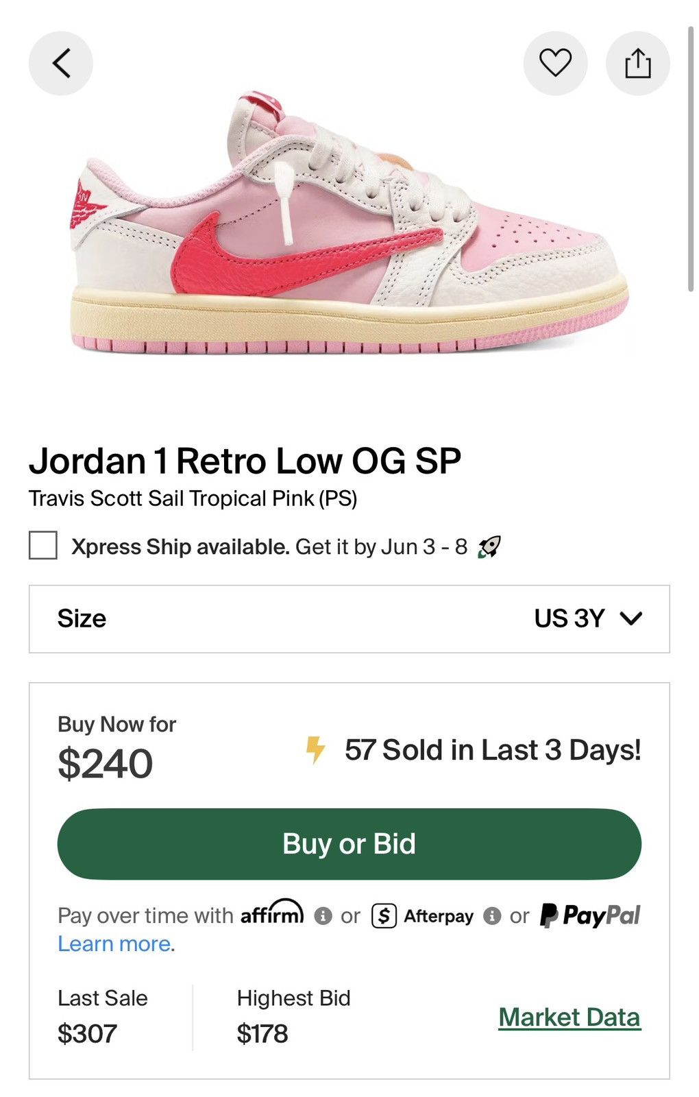 Jordan Brand × Travis Scott Jordan 1 Low Travis Scott Sail Tropical Pink (PS) Size 3Y Size US 5 / EU 37 - 2 Thumbnail