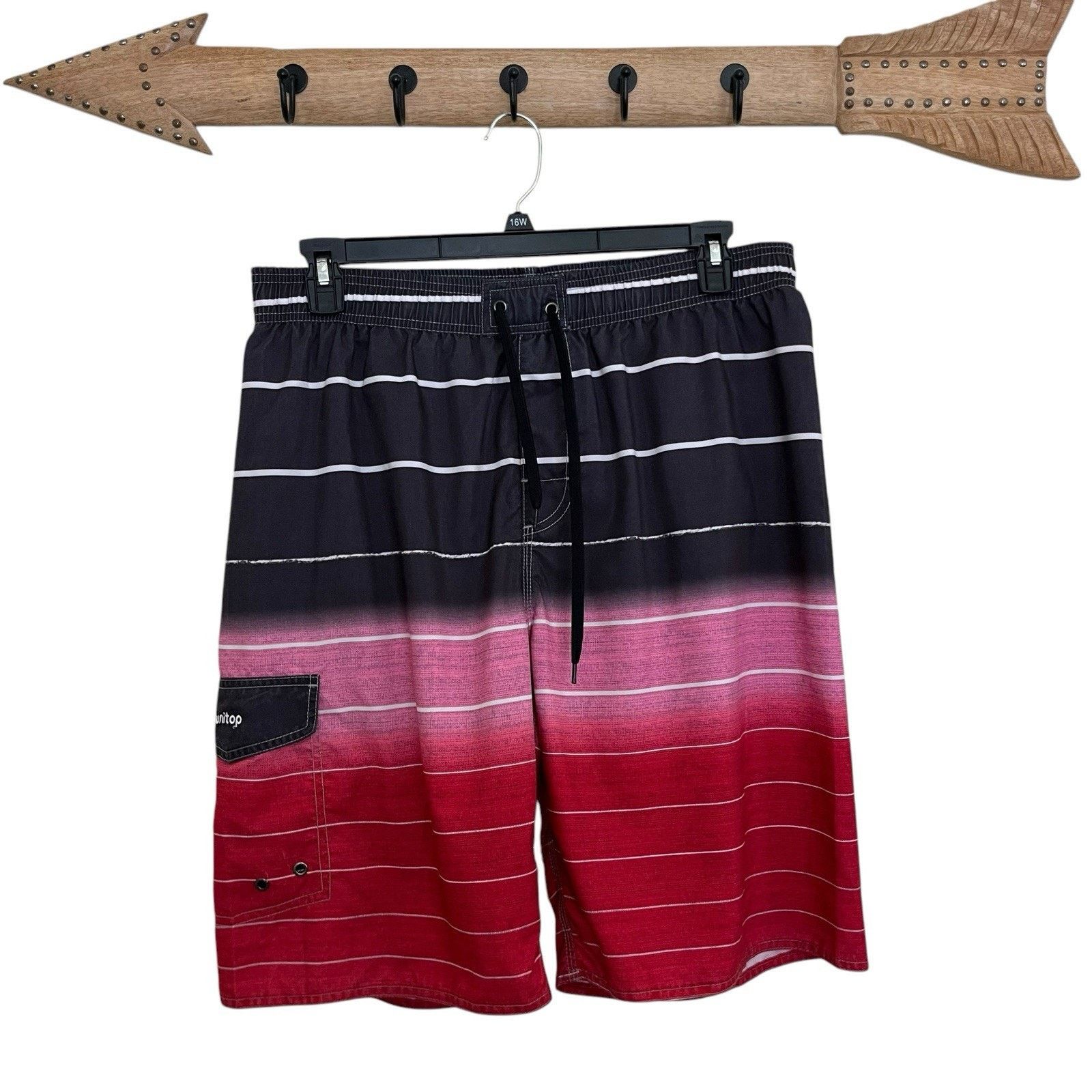 Vintage Unitop | Red Pink Colorblock Lined Swim Trunks Size 38 Striped in Black, Men's