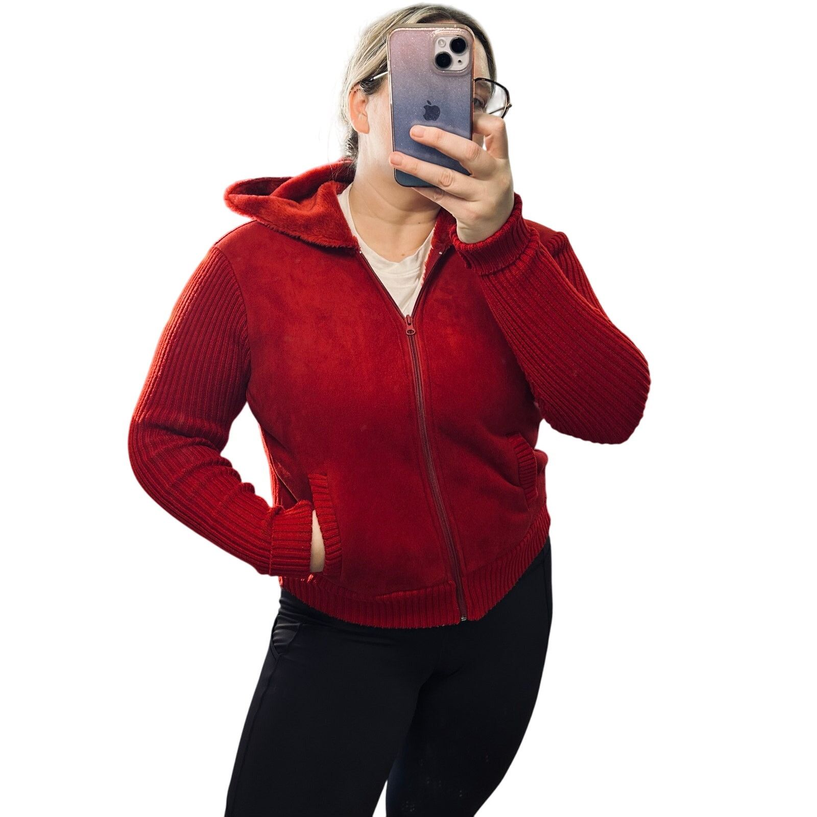 Vintage Y2K Cherry Red Faux Suede Leather Jacket Hood Knit Vintage Size L / US 10 / IT 46 - 6 Thumbnail
