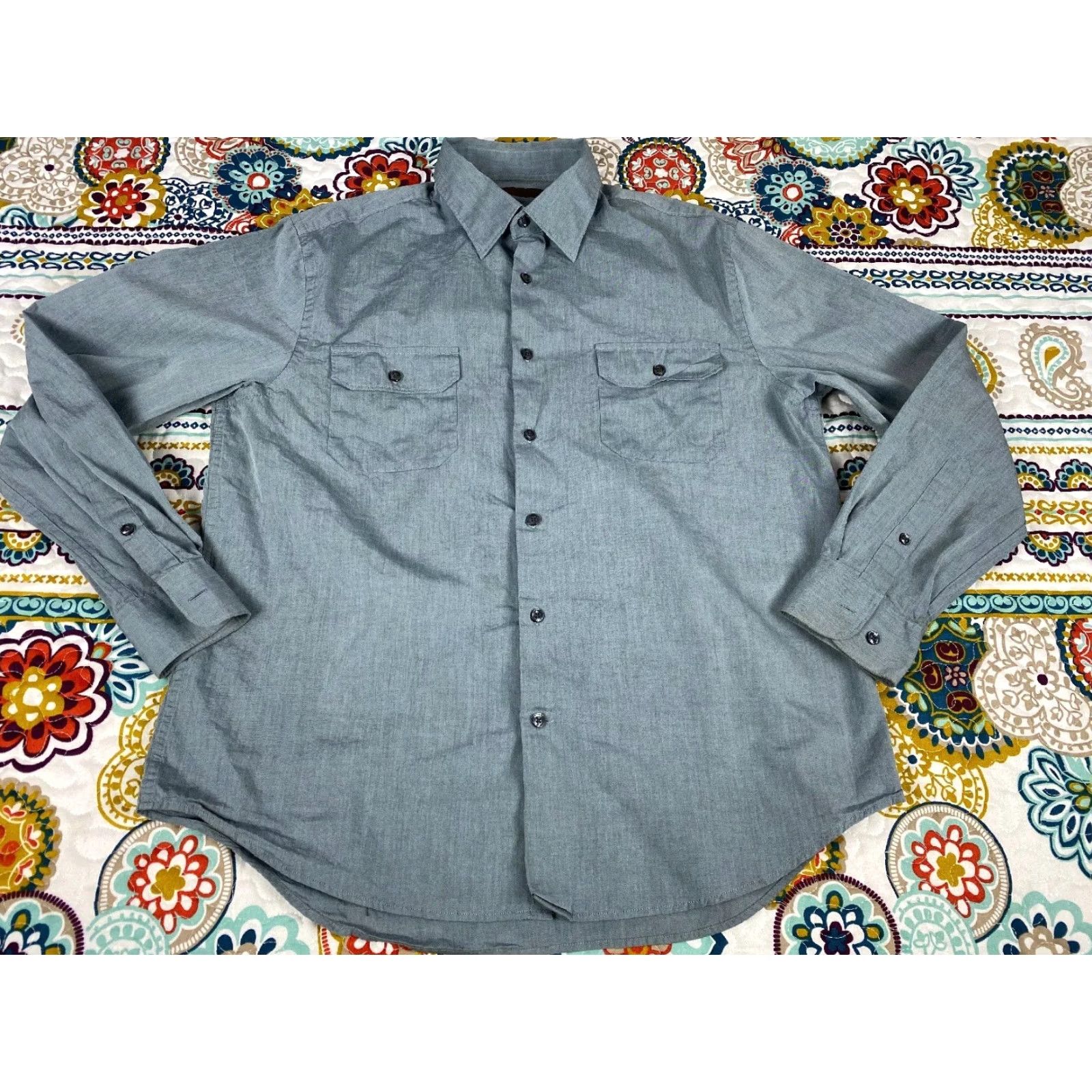 Perry Ellis Perry Ellis Mens Long Sleeve Dress Shirt Button-Up Sz L Gray Chest Pockets Shirt Men Long Sleeve Gray Pockets Classic Dress Shirt Size 42R - 2 Thumbnail