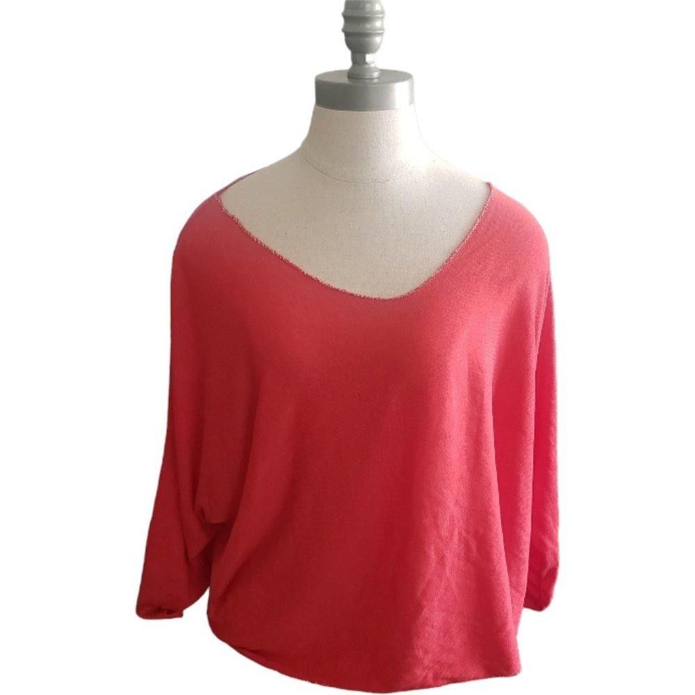 Designer CT883 Orange Oversized V-neck Blouse with Gold Trim S Size S / US 4 / IT 40 - 1 Thumbnail