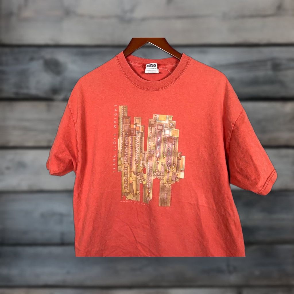 VINTAGE Frank Lloyd Wright T-Shirt Adult XL Orange Modern Architecture 2003 Graphic Print Art Mens