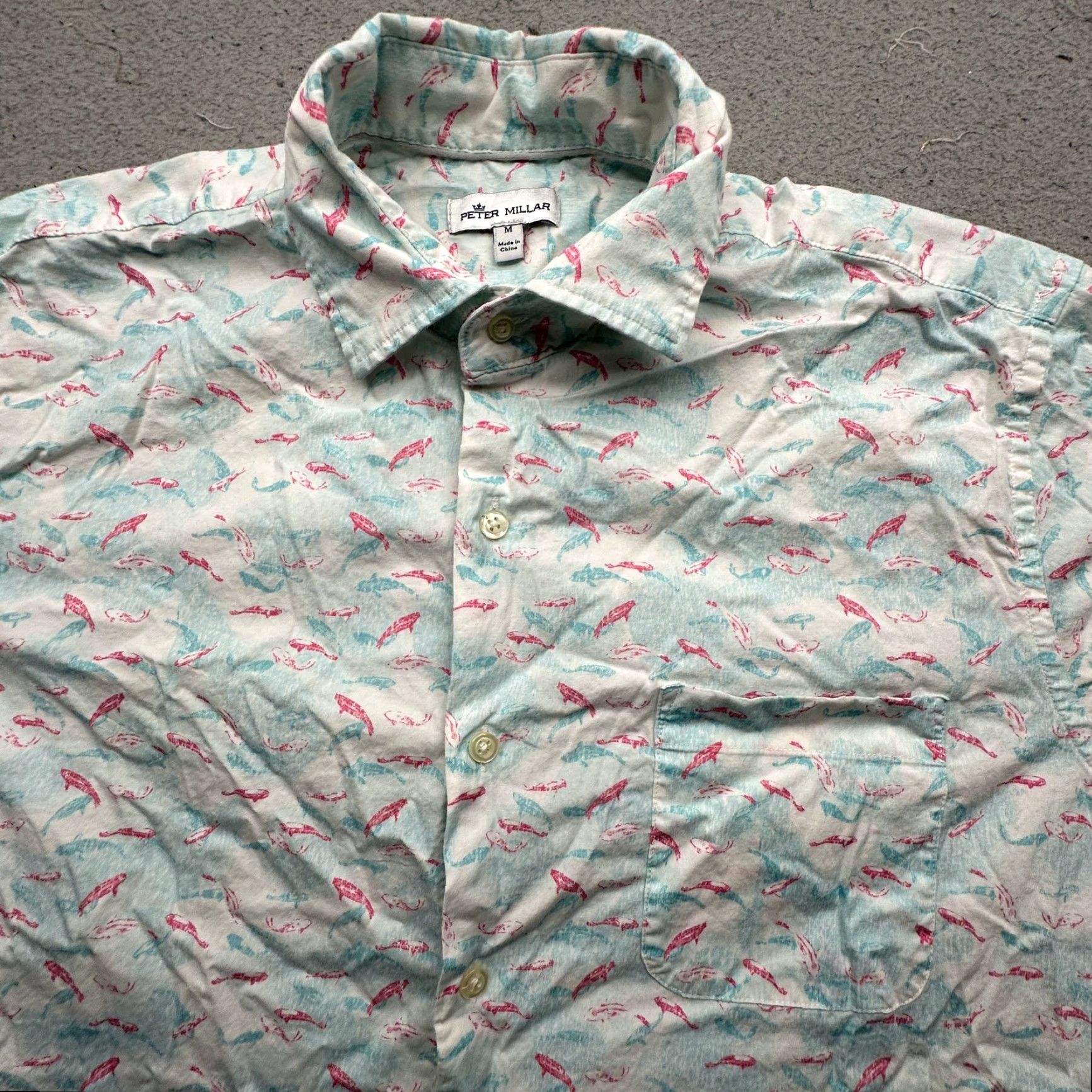 Peter Millar Peter Millar Fish Print Button Shirt Mens Medium Short Sleeve Blue Pink Stretch Size US M / EU 48-50 / 2 - 6 Thumbnail