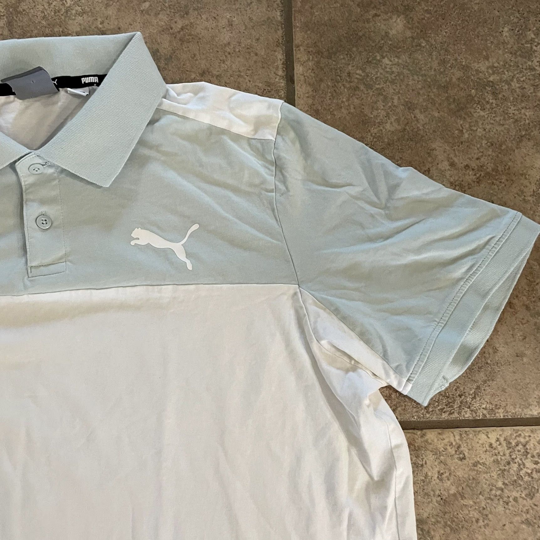 Puma PUMA Polo Shirt Mens XL Light Blue White Polo Shirt XL Mens White Light Blue PUMA Logo Shirt Size US XL / EU 56 / 4 - 2 Thumbnail