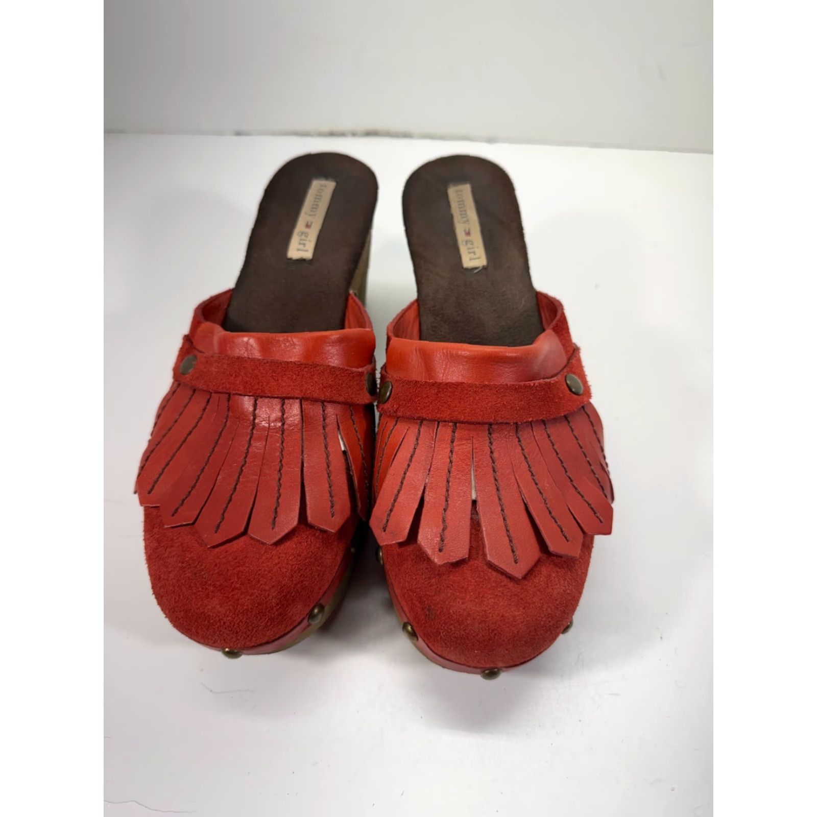 Tommy Hilfiger Tommy Hilfiger Women's Mule Wedge Heels Red Leather Fringe Studded Round Toe 8.5 M Size US 9 / IT 39 - 4 Thumbnail