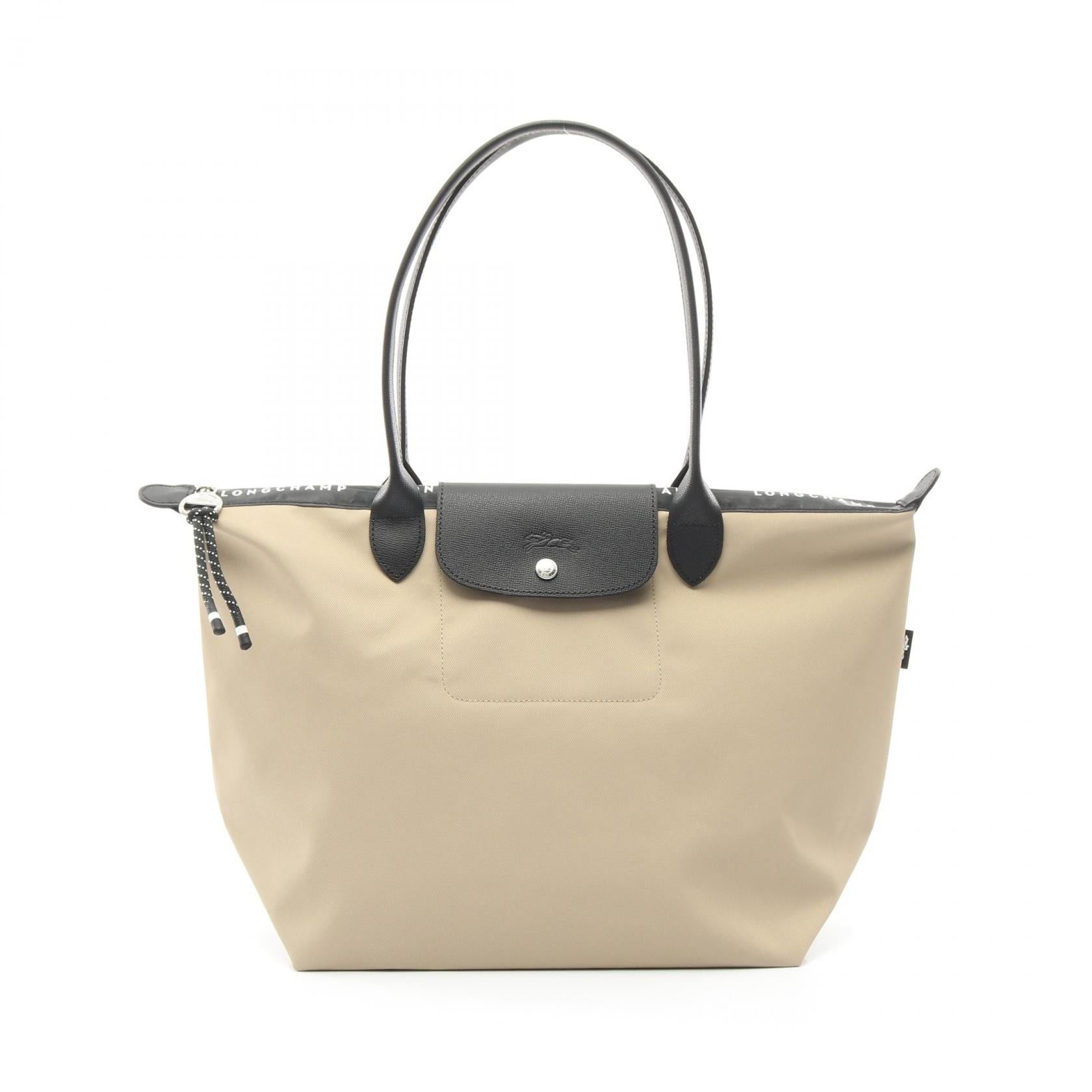 Longchamp Le Preage Energy L Handbag Tote Bag Nylon Leather Beige Black, Women's