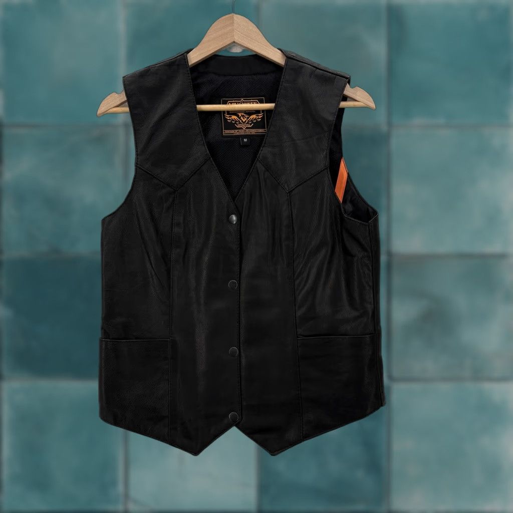Vintage Milwaukee Leather Vest Womens Medium Black Collarless Biker NWT Size M / US 6-8 / IT 42-44 - 1 Thumbnail