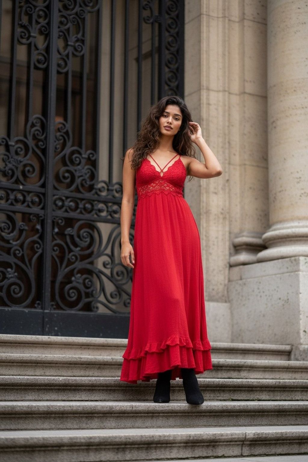 Free People One FP crochet top spaghetti maxi flowy dress Lg