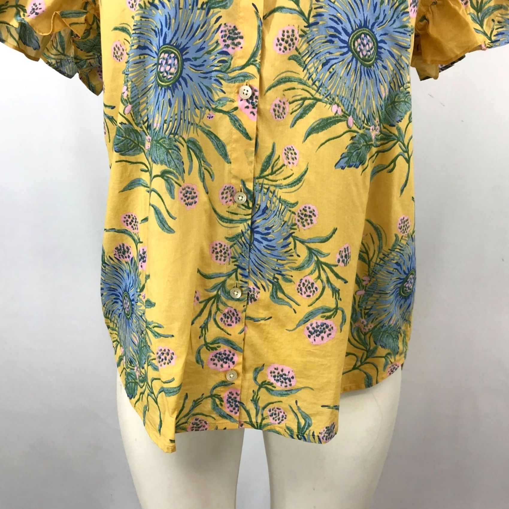 Madewell MADEWELL Women XS Yellow Floral Short Sleeve Collared Cotton Top Shirt Size XS / US 0-2 / IT 36-38 - 3 Thumbnail
