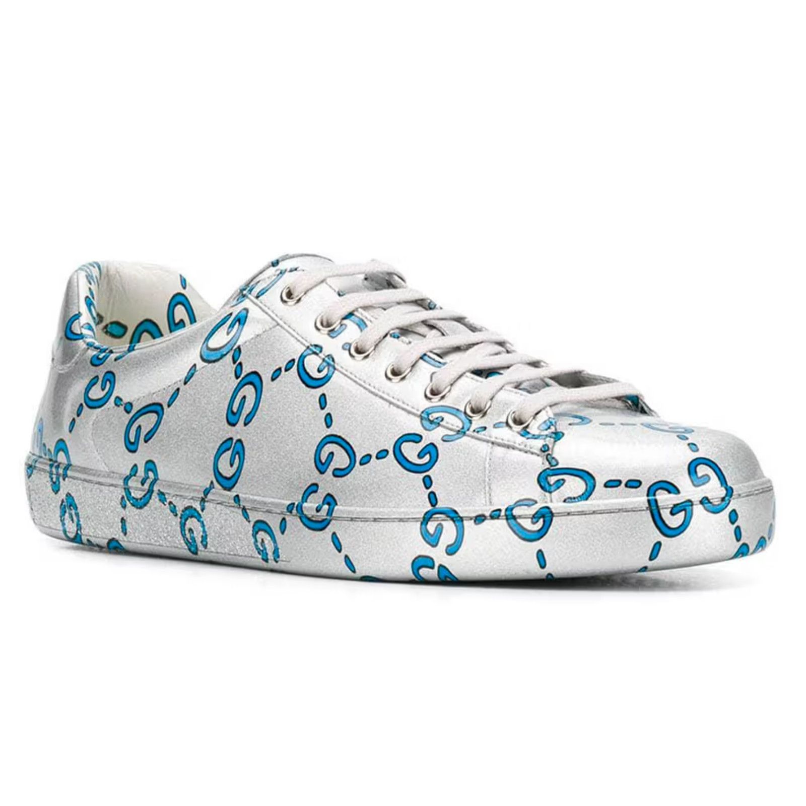 Gucci Gucci New Ace Silver Blue Ghost GG Leather Sneakers 9.5/10.5 Size US 10.5 / EU 43-44 - 3 Thumbnail