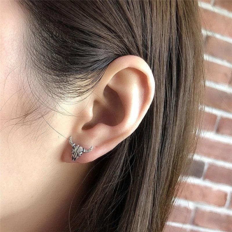 Jewelry Tiny Skull Bull Stud Earrings 925 Sterling Ear Charms Gift Size ONE SIZE - 1 Thumbnail
