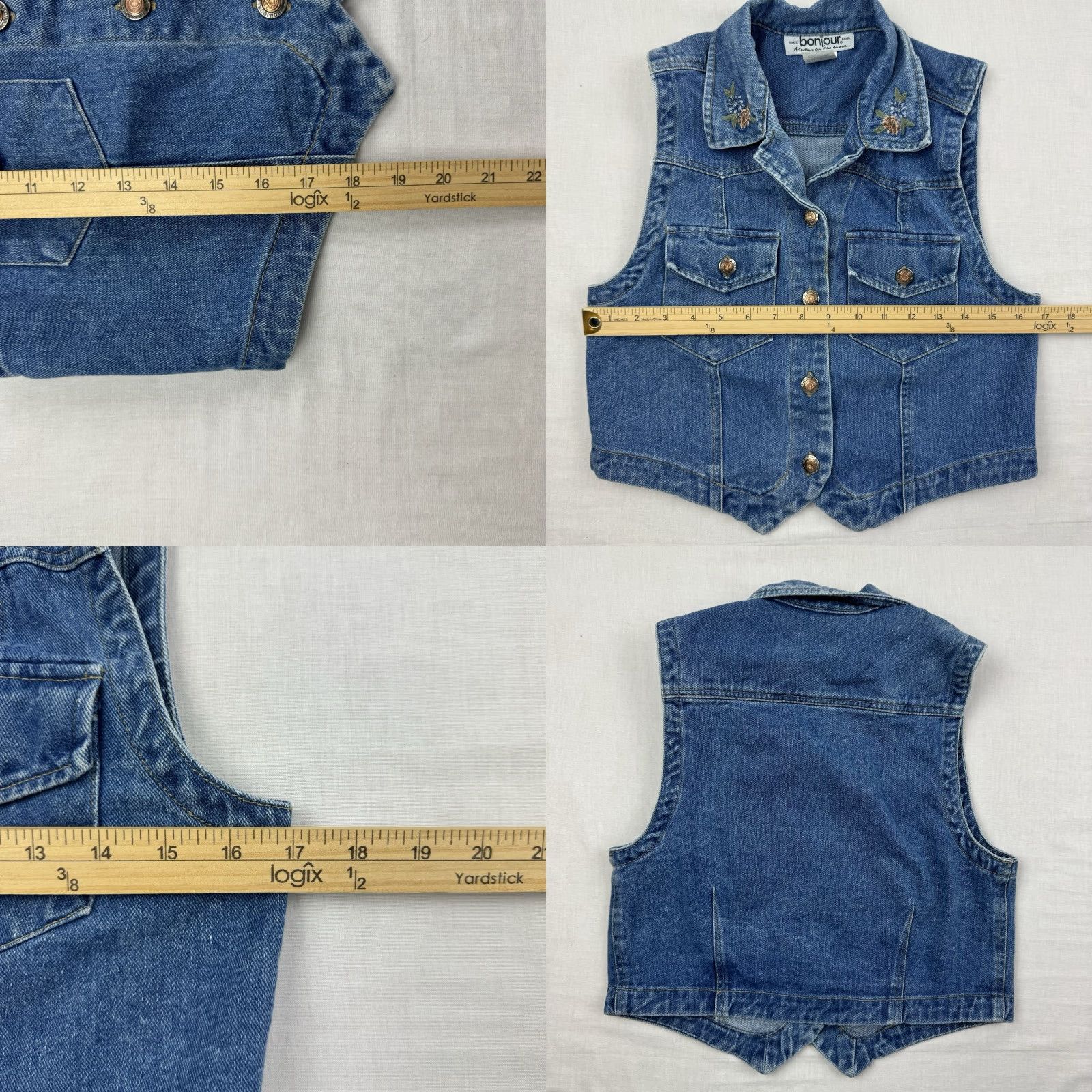 Vintage VINTAGE BonJour Denim Vest Womens Medium Blue Embroidered Collar 90s Y2K Sleeveless Shopwear Size M / US 6-8 / IT 42-44 - 8 Thumbnail